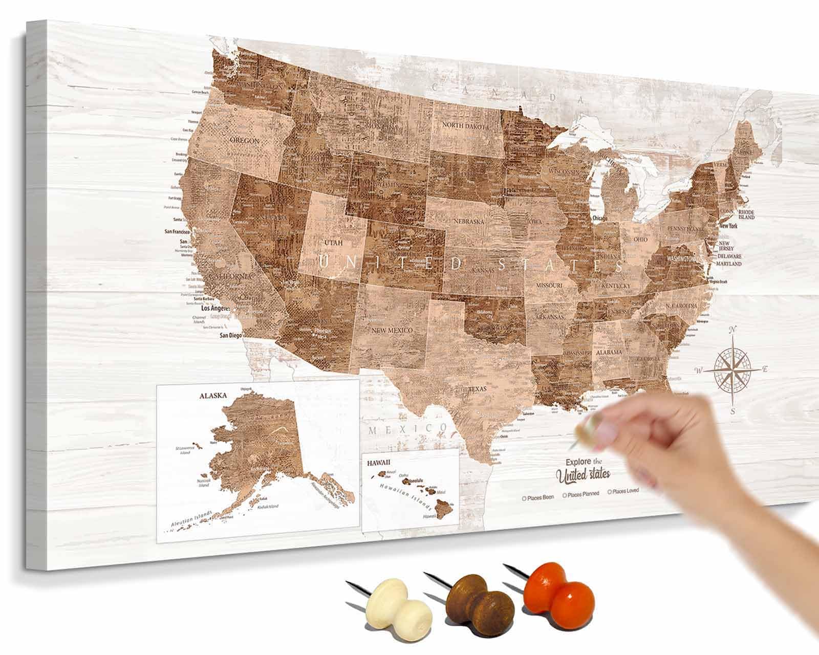 Wall Art for Living Room Vintage Maps of the United States Pin Board Framed