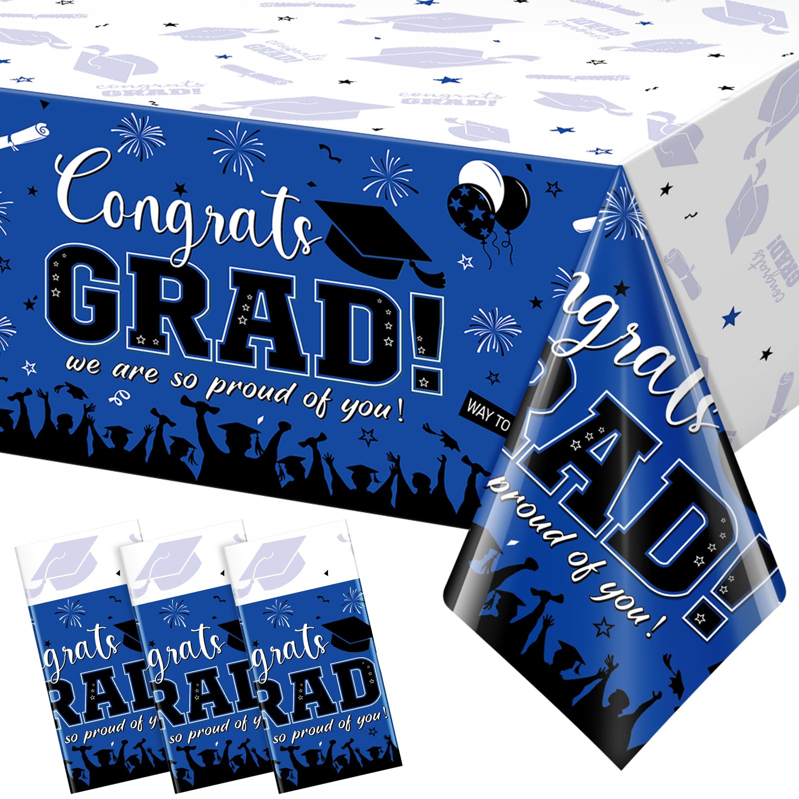 3 Pack Graduation Tablecloth Party Decorations, Class of 2026 Congrats Grad Plastic Tablecover Party Supplies, Blue Rectangle Graduation Table