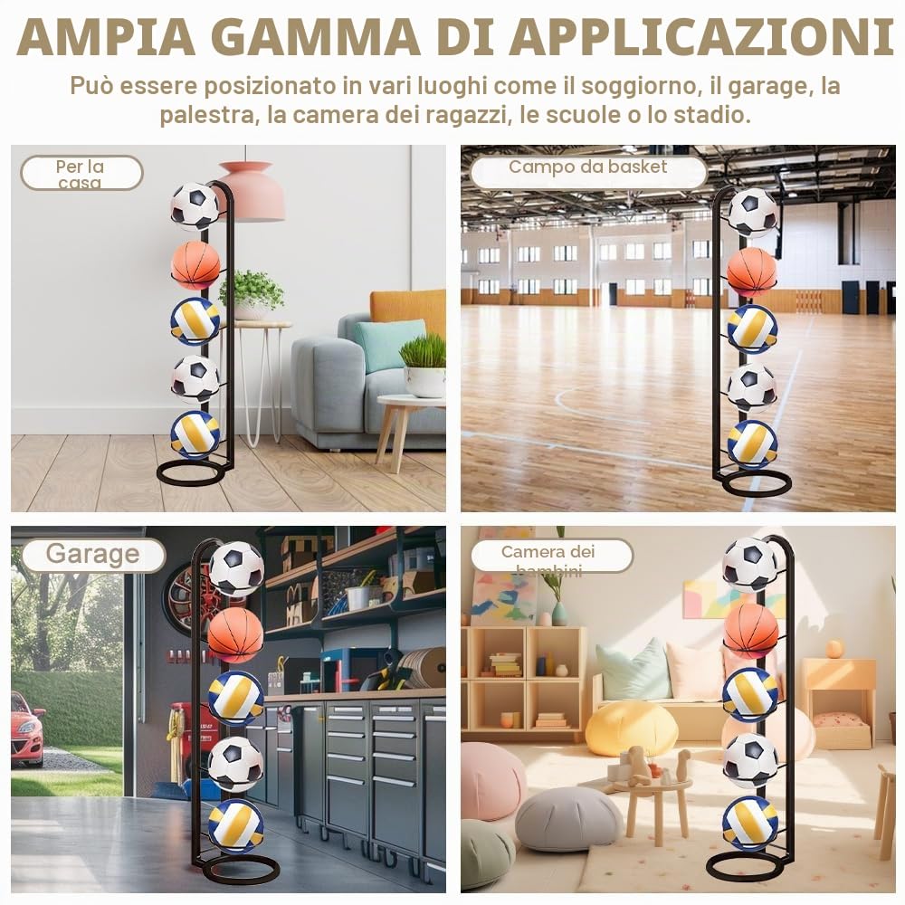 Kleemeiero Rastrelliera per Palloni Verticale 5 Livelli Porta Pallone da Calcio Basket Pallavolo, Nero