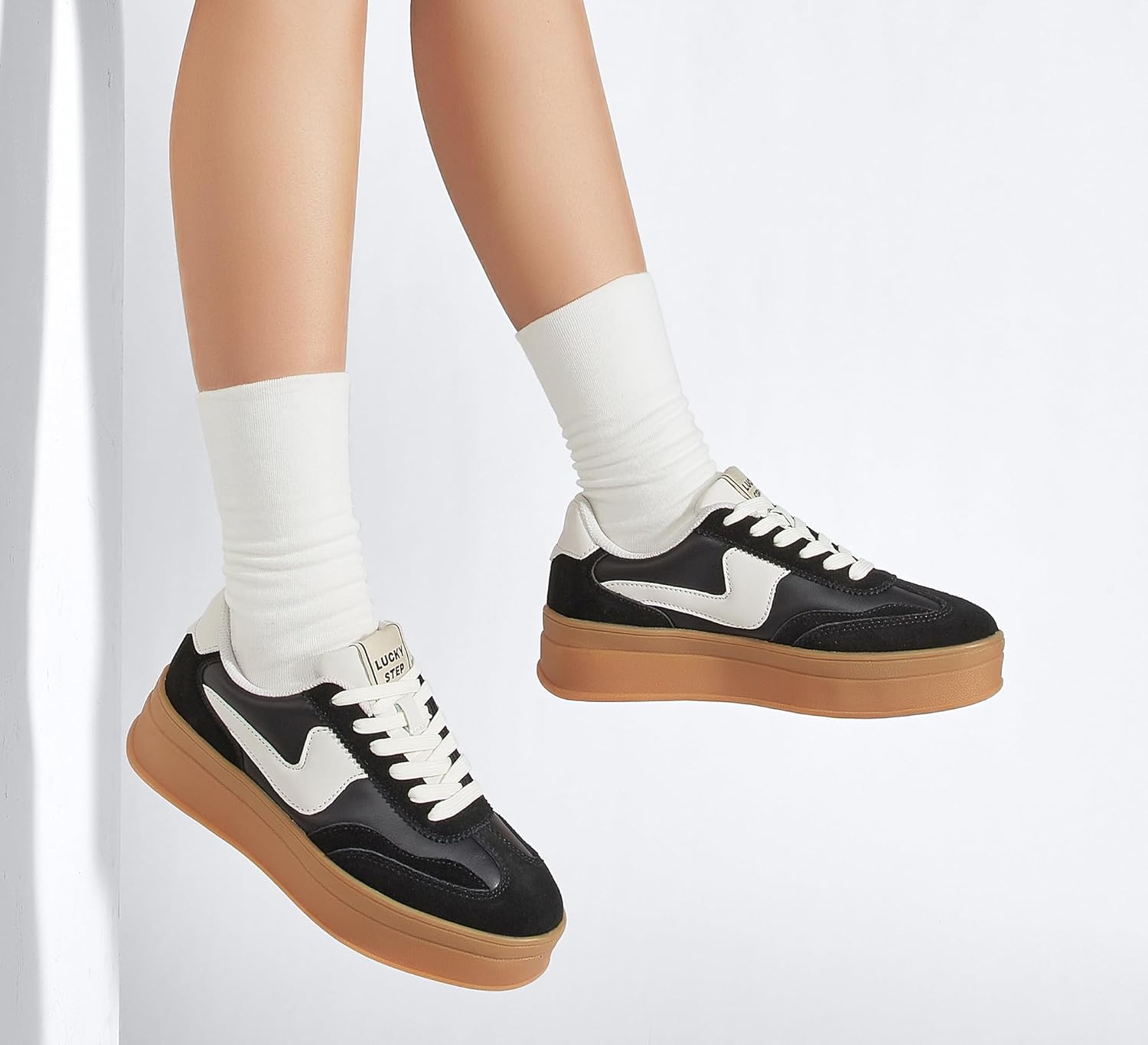 LUCKY STEP Women's Platform Fashion Sneakers Thick Sole Suede Faux Leather Classic Rubber Gum Sole Low Top Casual Walking Shoes - Image 2