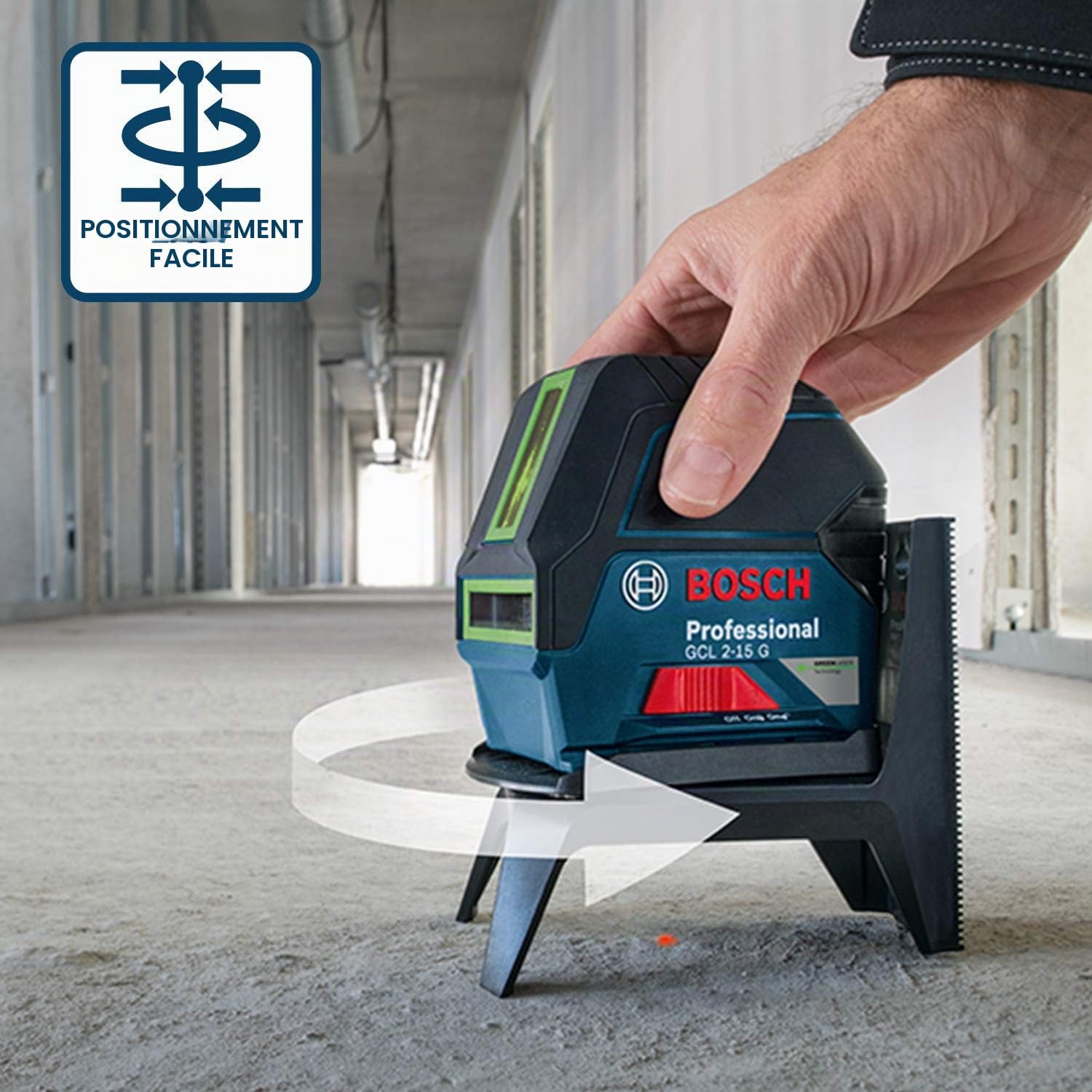 Bosch Professional laser combiné en croix GCL 2-15 G (laser vert, pour l'intérieur, avec points d’aplomb, portée : 15 m, 3 piles 1,5 V , support rotatif RM 1, cible laser, coffret de transport)