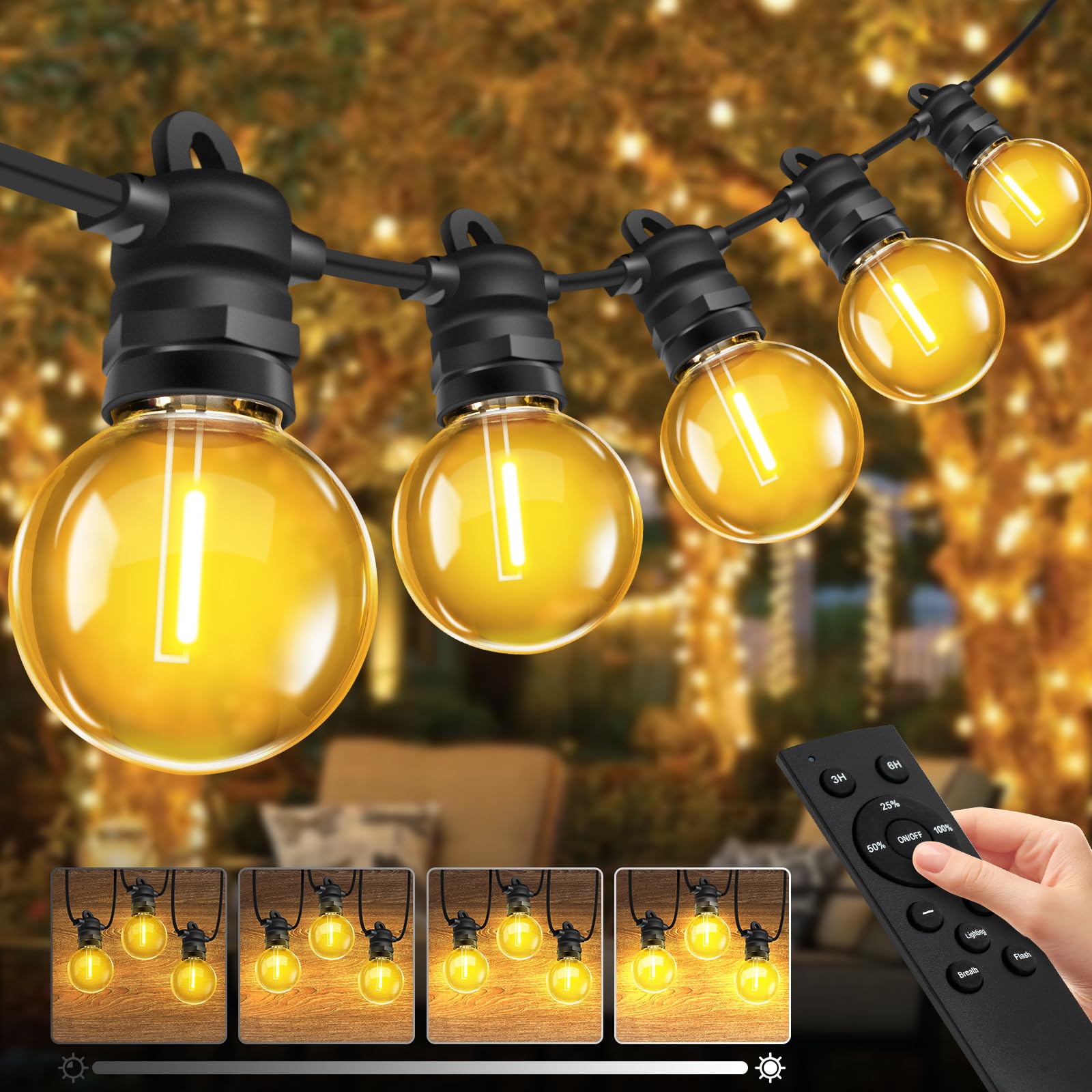 Bowfar Lichterkette Außen Strom, 10M ST38 Glühbirnen Balkon Lichterketten Outdoor mit 16+1 Stk, IP68 Wasserdicht Dimmbar Pavillon String Lights mit Fernbedienung für Garten Terrasse Party Hochzeit