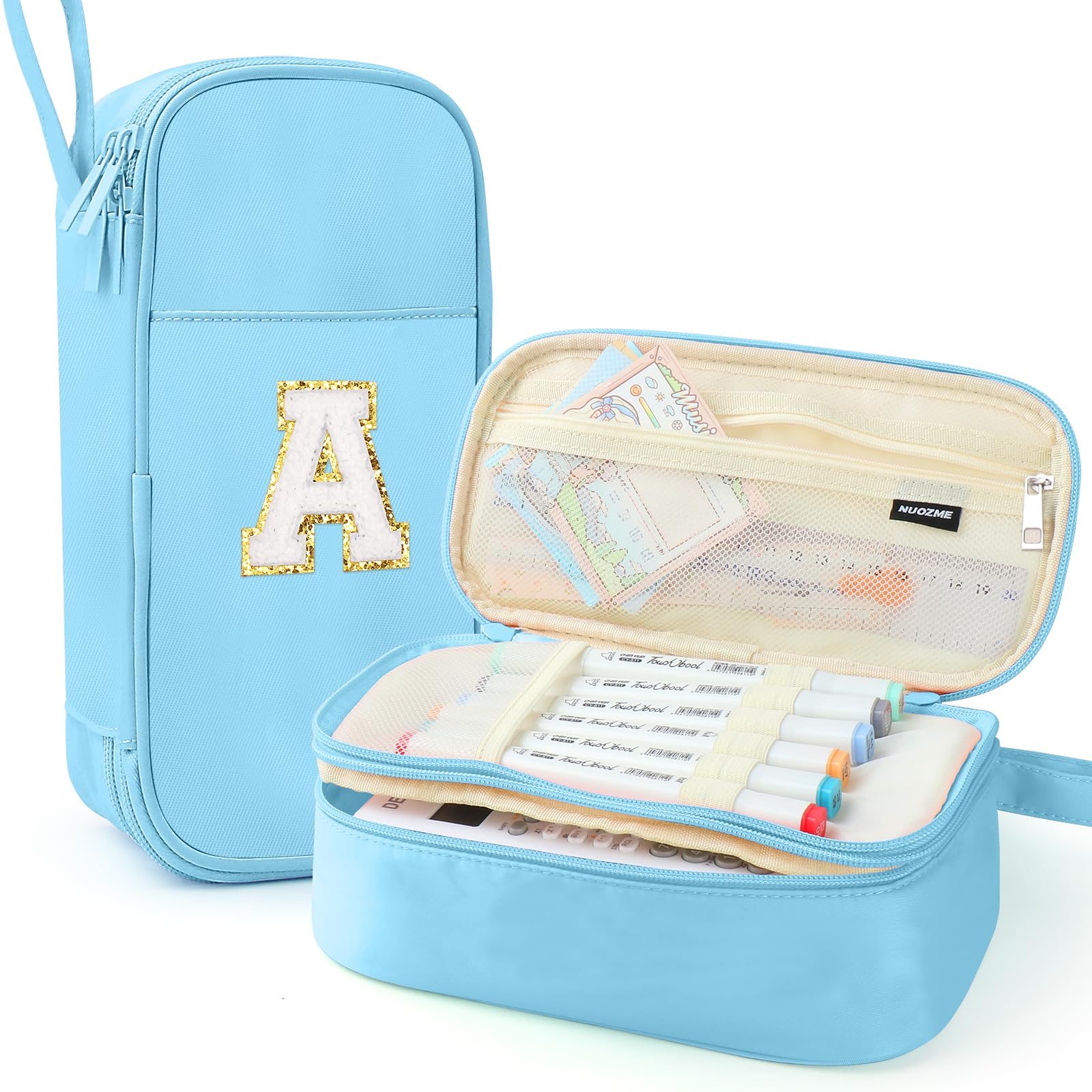 Nuozme Large Pencil Case,Big Capacity Pencil Pouch,Personalized Initial Pencil Bag with Smooth Zipper,Multiple Pockets,Cute Aesthetic Stationery Pen Case Bag for Teen Girls College (Blue, A) — image 1