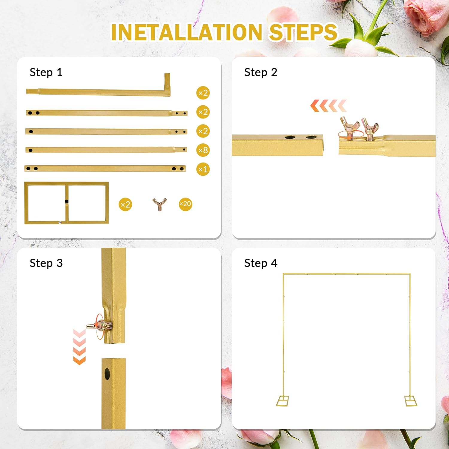 Hanna Roberts 6.5FT Wedding Arch Backdrop Stand, Square Balloon Arch Stand Adjustable Photo Booth Decor for Ceremony, Birthdays, Baby Showers, Christmas Parties, Anniversaries (Gold)