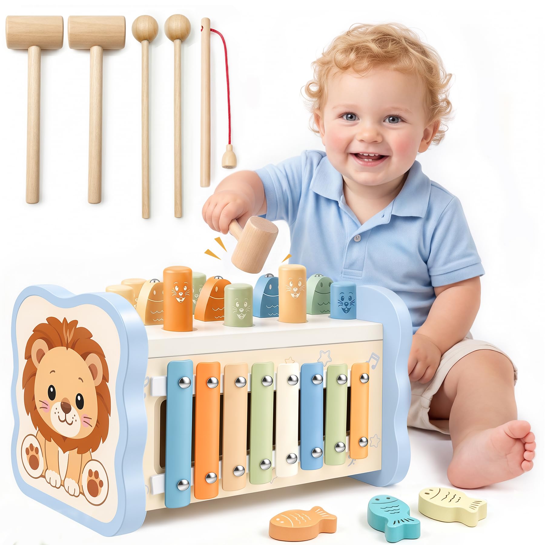 VITOACE Montessori Spielzeug ab 1 Jahr, 7 in 1 Hammerspiel Angelspiel Magnet Holzspielzeug Motorikspielzeug, Xylophon Kinder 1 Jahr, Geschenk Kinderspielzeug ab 1 2 3 Jahre Junge Mädchen