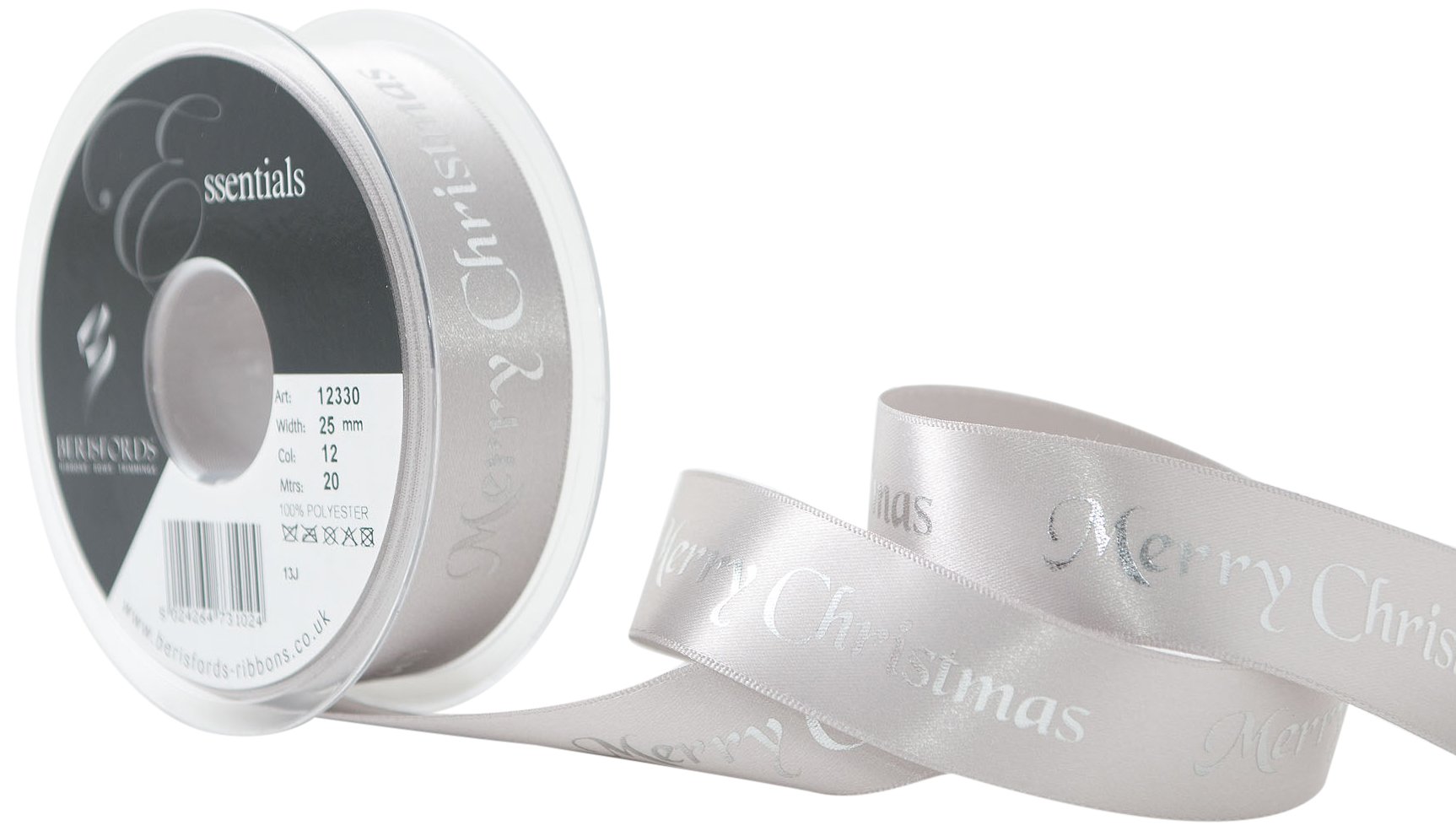 Berisfords 25 mm Merry Christmas Ribbon, Silver and Silver