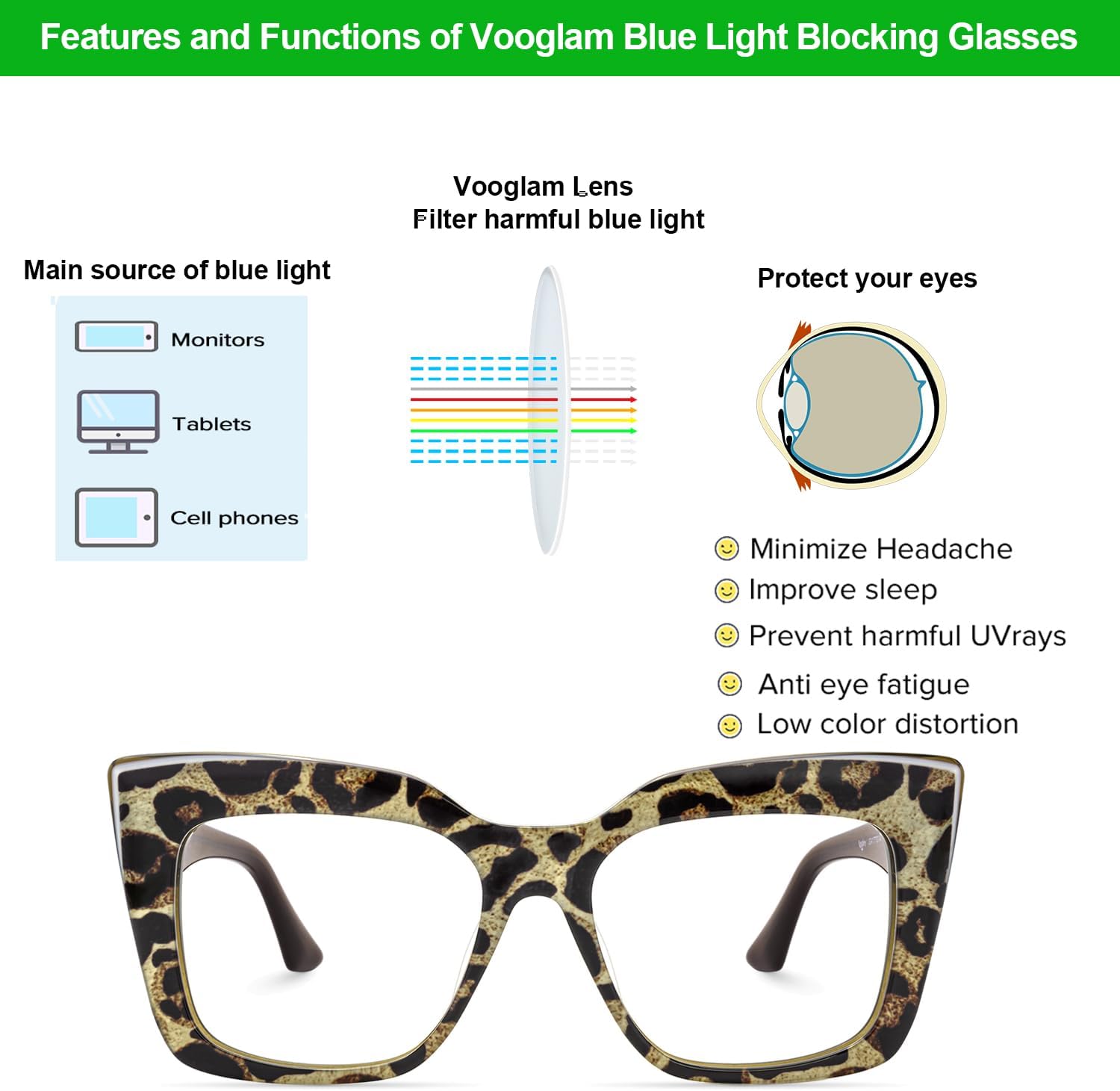 VOOGLAM Blue Light Blocking Glasses for Women Men Anti Eyestrain Dry Eyes Oversize Rectangle Eyeglasses Pacheco