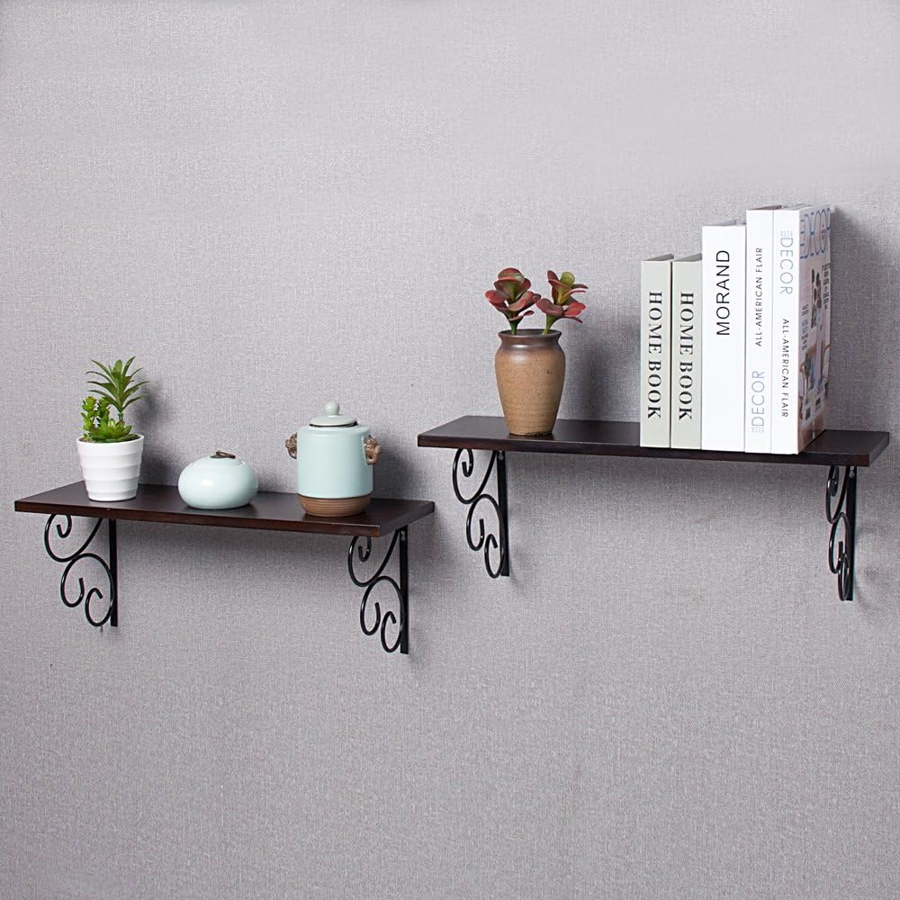 INART Traditional Wall Mounted Bracket Shelf Set of 2 pcs in Espresso Brown Finish