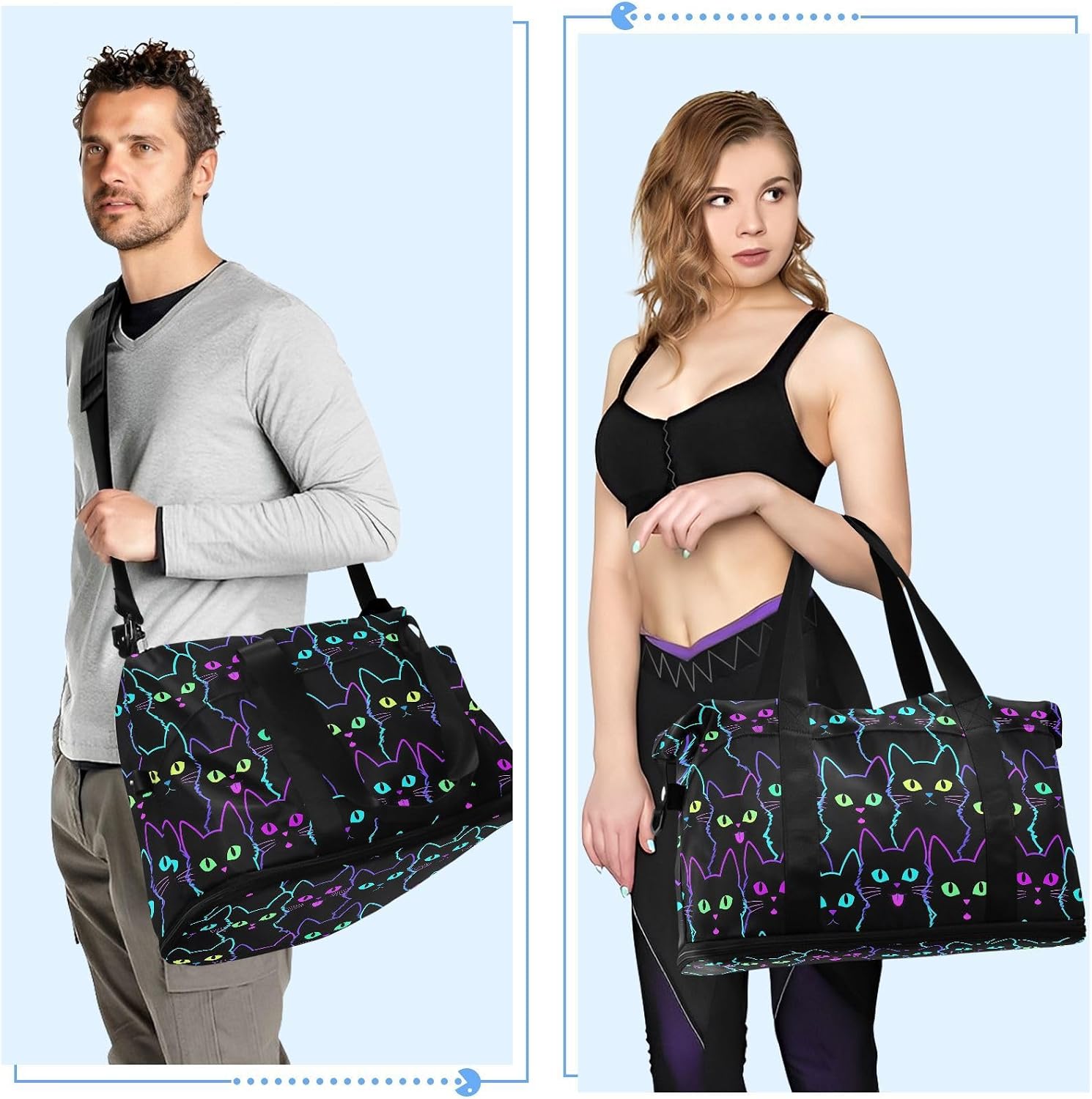 Travel Duffel Tote Colorful Neon Cat Sports Bag With Wet Pocket - Weekender Overnight for Women Men Gym, Carry On, Hospital for Labor and Delivery