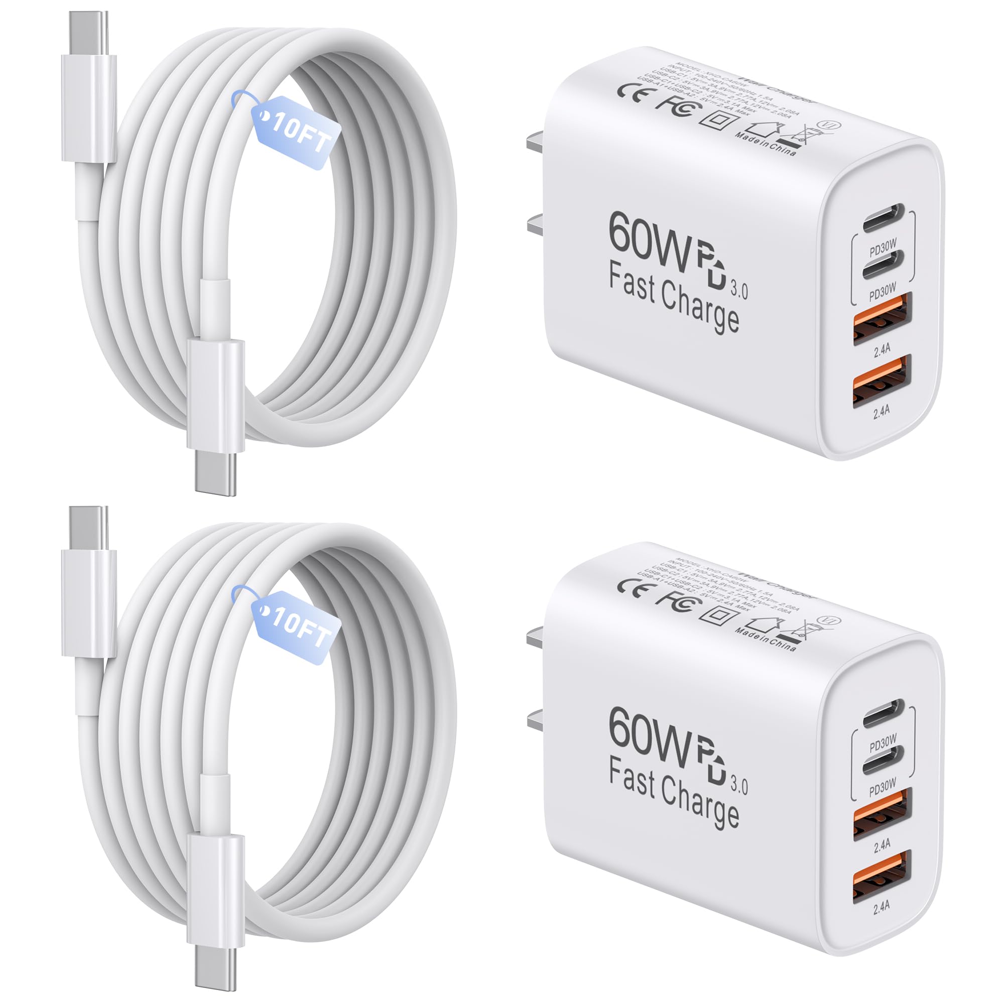 60W USB C 충전기, 2팩 3m(10피트) 아이폰 17 프로 맥스 충전기 고속 충전, 4포트 USB-A USBC 충전기 블록, 3m(10피트) USB C 케이블 코드 포함, 애플 아이폰 17 프로 맥스/17 에어/16 프로 맥스/15 플러스/16/아이패드, 에어팟용