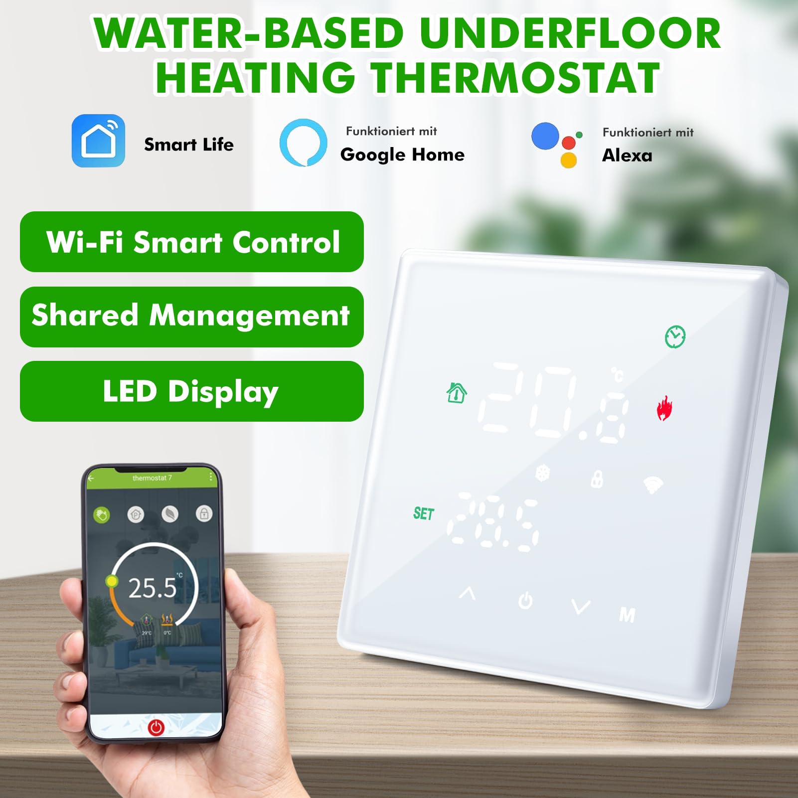 Termostato Wifi 5A Batteria, Termostato Caldaia Smart 2 Fili Cronotermostato Digitale Per Caldaia A Gas, Thermostat Ambiente Unterstützung Für Google Assistant Und Alexa Bianco