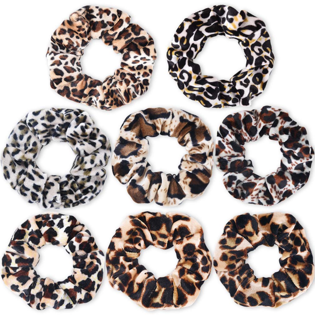 CEELGON Leopard Scrunchie Hair Ties Leopard Print Scrunchies Velvet Scarf Elastics Hair Bands Ropes for Women or Girls Ponytail Holder Accessories Pack of 8