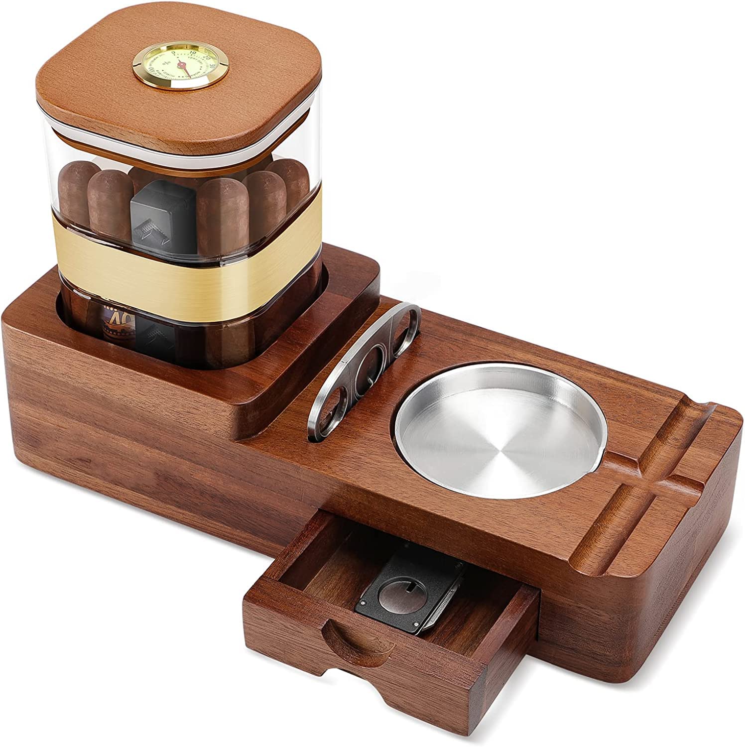 VOL Vange Cigar Humidor and Cigar Ashtray Set,Wooden Ashtray with Cigar Jar Tray, Cigar Cutter Holder, Drawer, Cigar Slot, and Cigar Cutter,Home and Office Cigar Accessories Gift Sets for Men