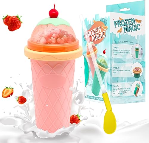 Vaso para batido con tapas y pajitas, vaso para jugos, leche y helado, portátil congelado para niños, amigos y familiares (rosa)