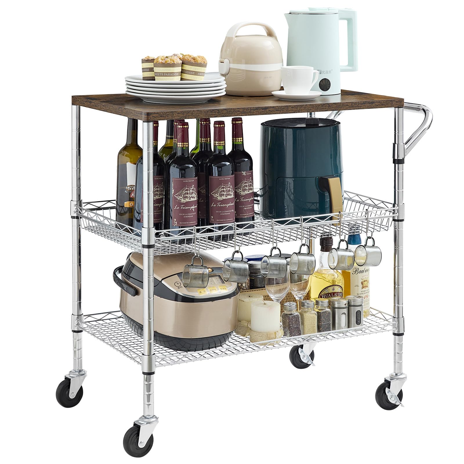Rolling Kitchen Carts on Wheels With Storage,650Lbs Heavy Duty Metal Cart with Wheels,3 Tier Rolling Cart with Wooden Top,NSF Utility Cart with Handle
