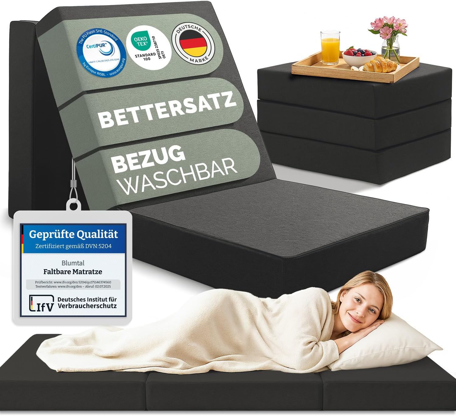 Blumtal Klappmatratze 90x200 cm - 3teilige Gästematratze klappbar extra dick (15 cm) - rückenfreundliche Faltmatratze 90x200 Schaumstoff - Schlafmatratze + Bezug in Anthrazit hautfreundlich &amp; waschbar