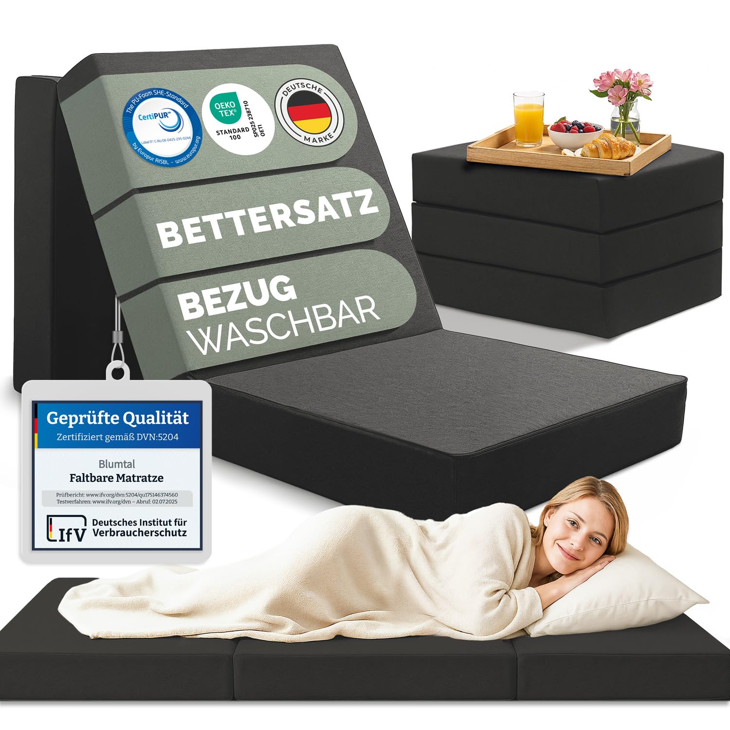 Blumtal Klappmatratze 90x200 cm - 3teilige Gästematratze klappbar extra dick (15 cm) - rückenfreundliche Faltmatratze 90x200 Schaumstoff - Schlafmatratze + Bezug in Anthrazit hautfreundlich & waschbar