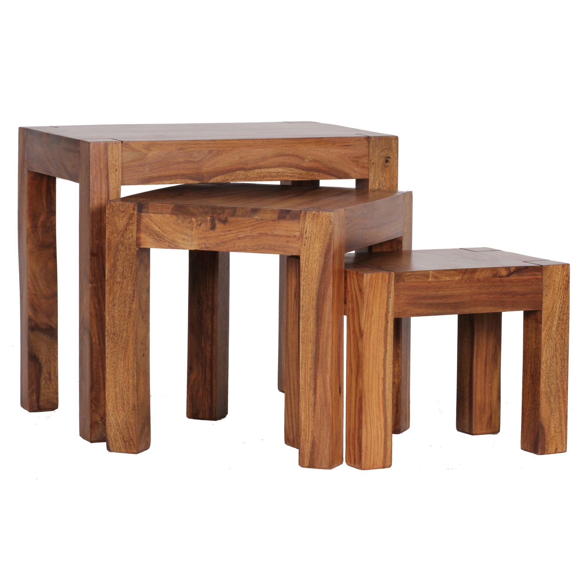 WOHNLING Juego de 3 mesas Nido Mumbai Madera Maciza sheesham Mesa de salón Mesa Auxiliar Estilo casa de Campo Madera Natural marrón Oscuro | 3 mesas nido apilables, mesas de salón de estilo campaña, pieza única, mesa de café lote marrón oscuro