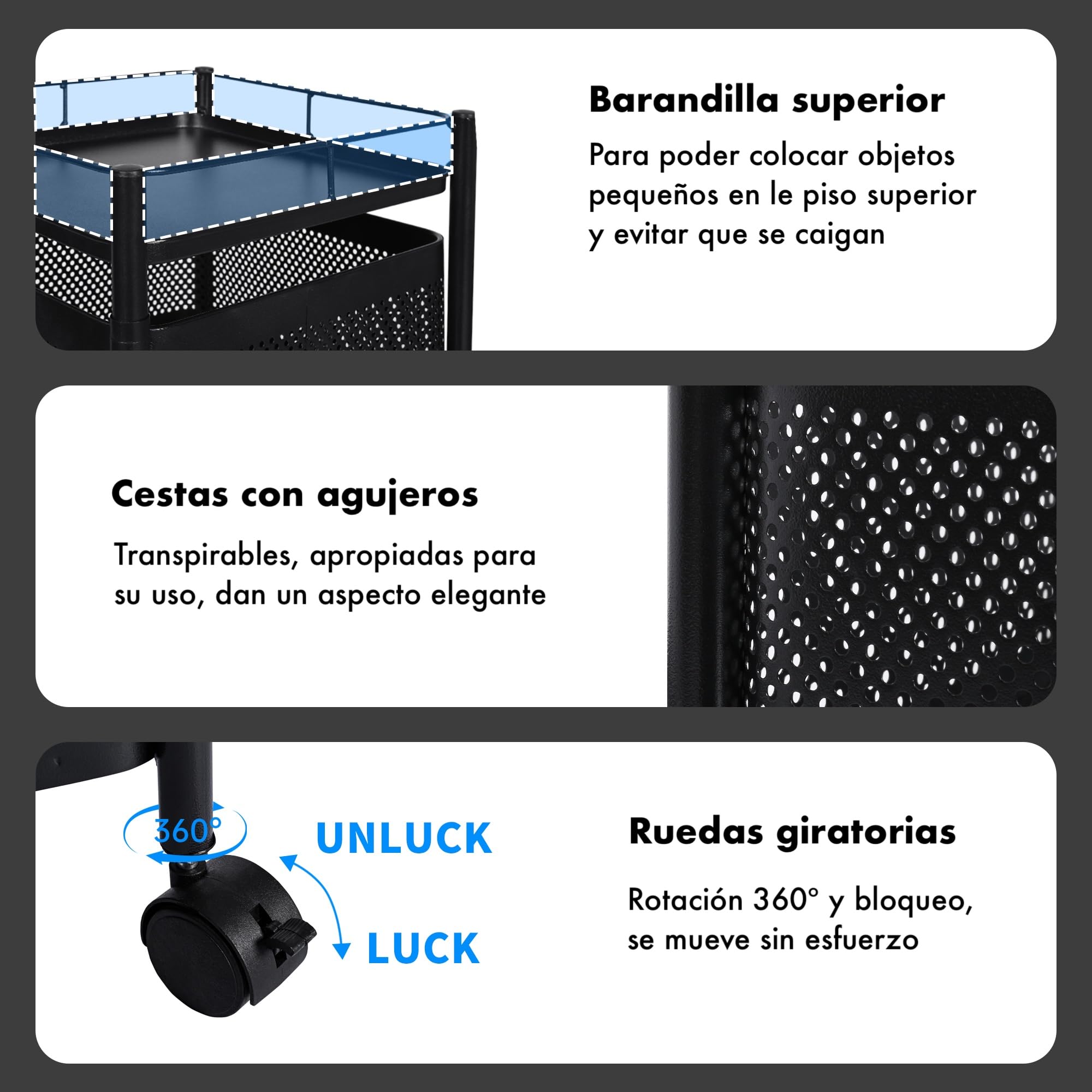Carro auxiliar metálico con ruedas y cestas plegables ahorra espacio | Carrito cocina verdulero frutero | Estantería organizador de metal gran capacidad y bandeja superior | Estante cocina