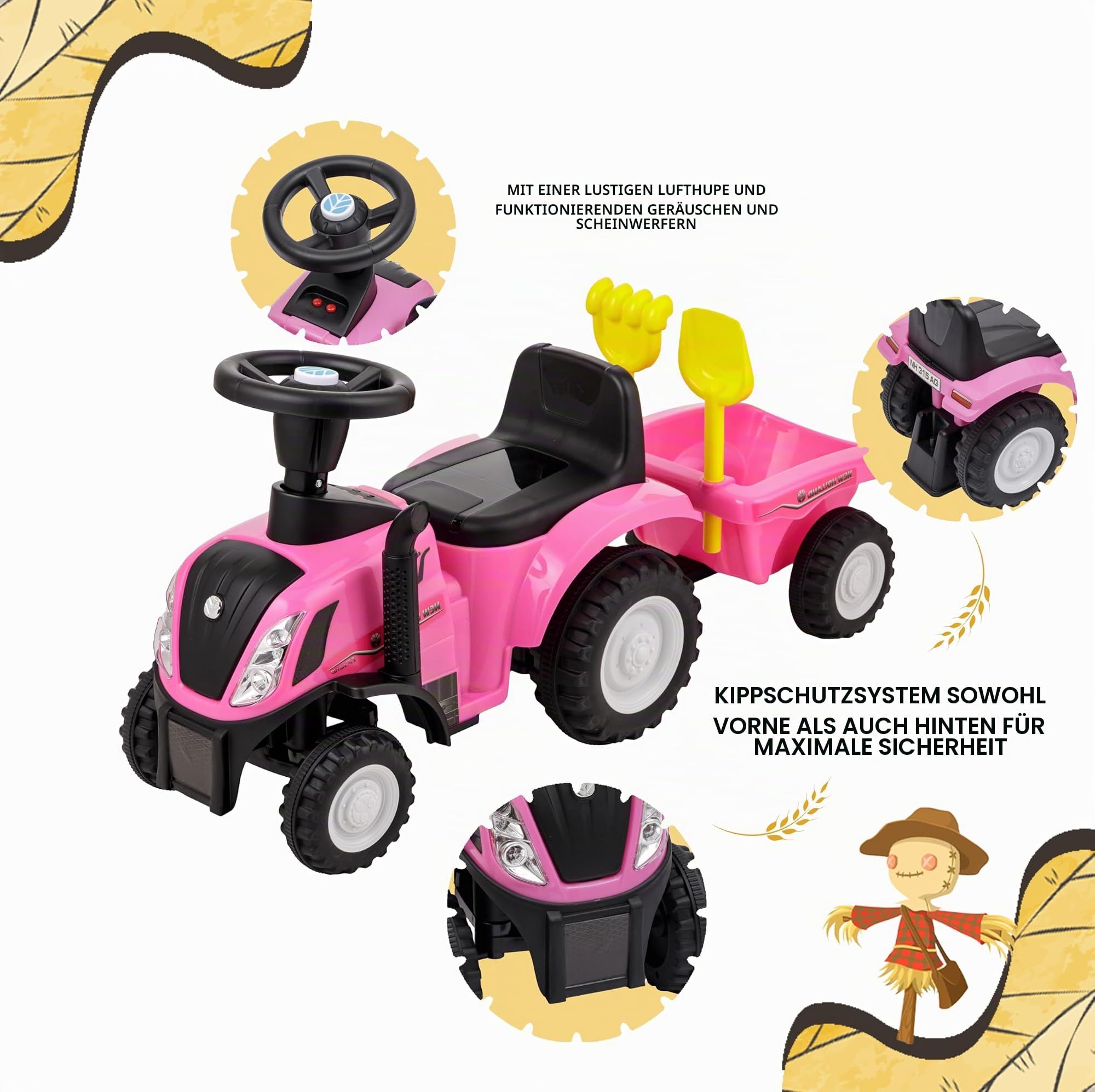 Baroni Toys Ride-On Traktor mit Anhänger für Kinder von 12 bis 36 Monat, Traktor mit Lufthupe, Rutschspielzeug, Sounds und Scheinwerfer funktionieren, inkl. Schaufel und Rechen, 29x91x44 cm (Rosa)
