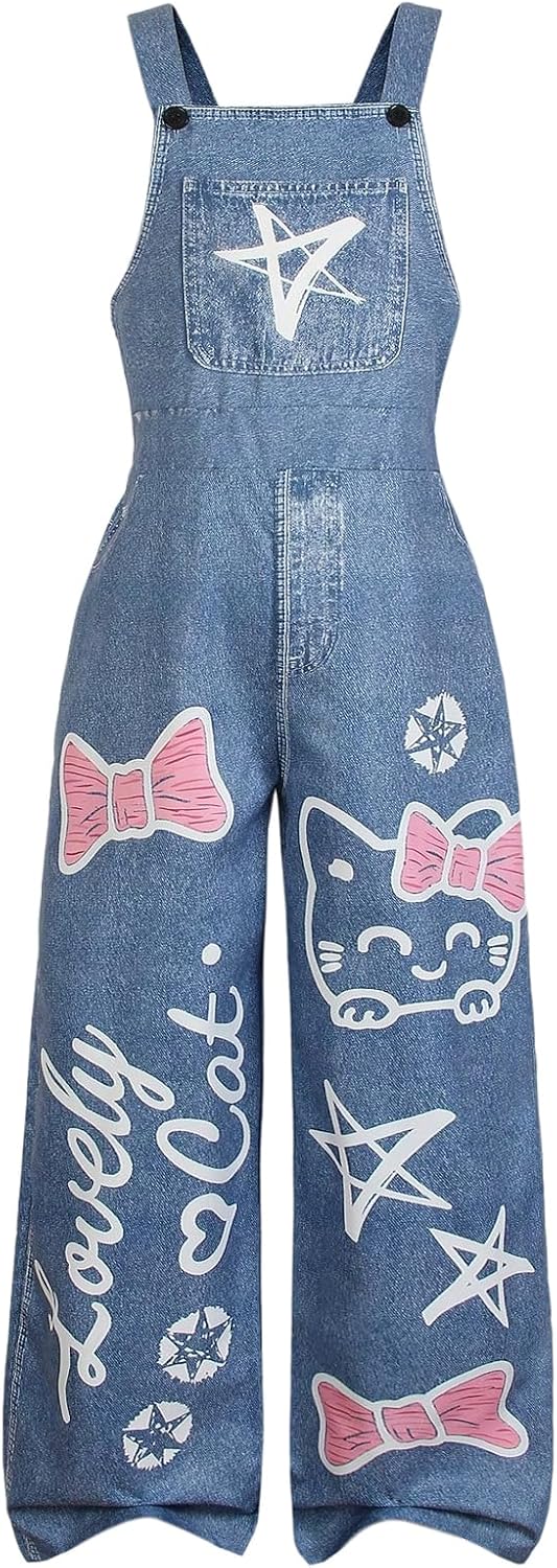 OYOANGLE Girl's Graphic Denim Overalls Cute Criss Cross Straight Leg Jean Jumpsuits