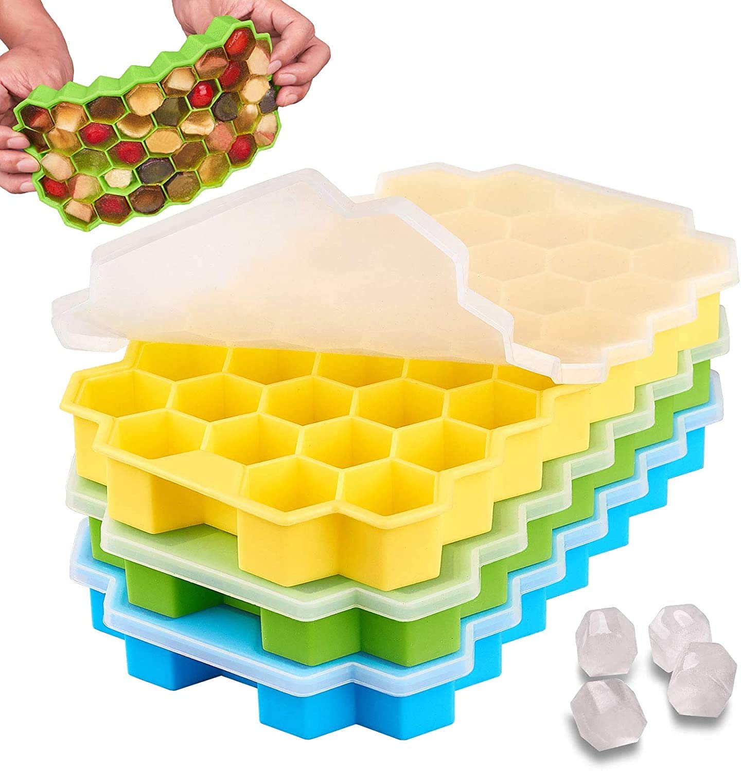 3 Pcs Reusable Silicone Ice Cube Tray with 37 Cavities, Flexible Honeycomb Mould with Lid for Freezer, Easy-Release Small Cubes Tray for Chilled Drinks, Flexible Ice Cube Tray