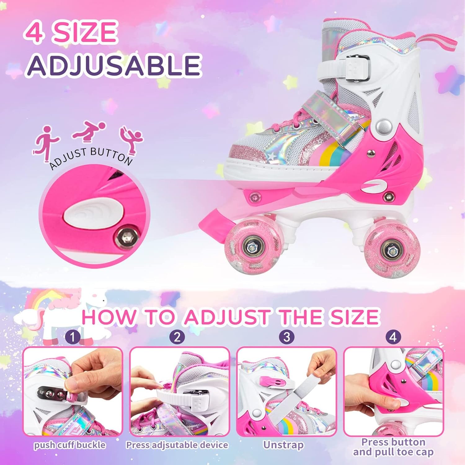 Nattork Girls Roller Skates for Kids Toddler, 4 Sizes Adjustable Rainbow Quad Skates with Light up Wheels,Best Gift for Kids Beginners - Image 4