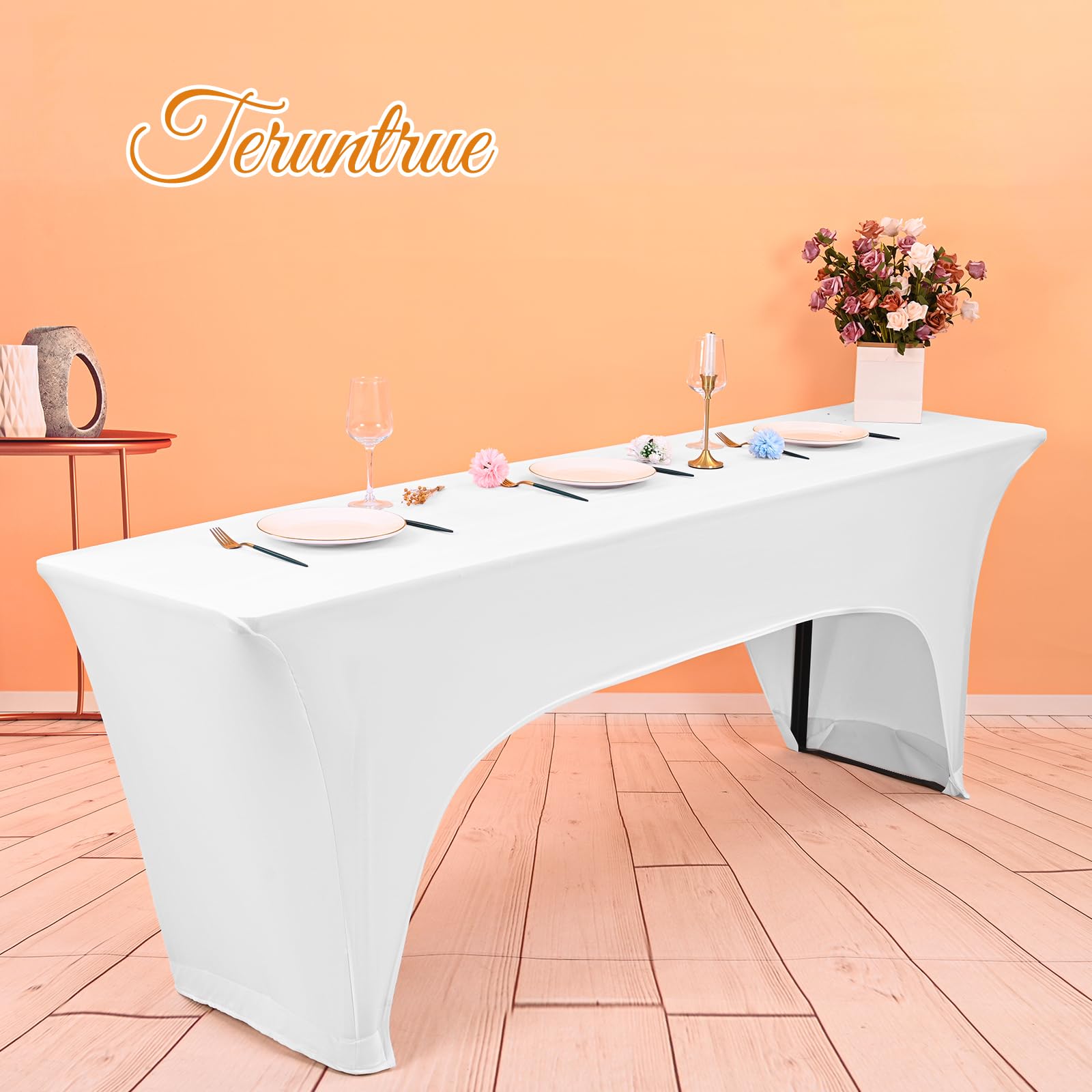 Teruntrue Copritavolo per tavolo da birra, impermeabile, impermeabile, 220 x 50 cm, nella parte inferiore ci sono 4 tasche per piedi, lavabile, per banchetti all'aperto (bianco)