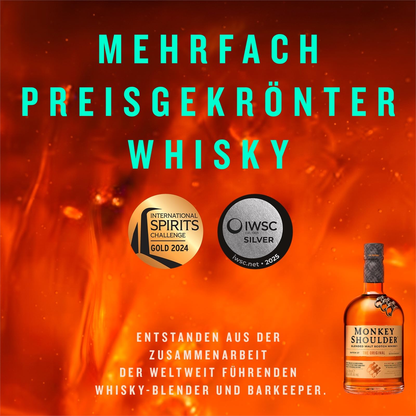MONKEY SHOULDER Blended Malt Scotch Whisky – Das Original – Smooth, Rich, Perfect with a Twist – Small-Batch Whisky – ideal in an Old Fashioned cocktail – mehrfach preisgekrönt – 40% vol. – 70 cl