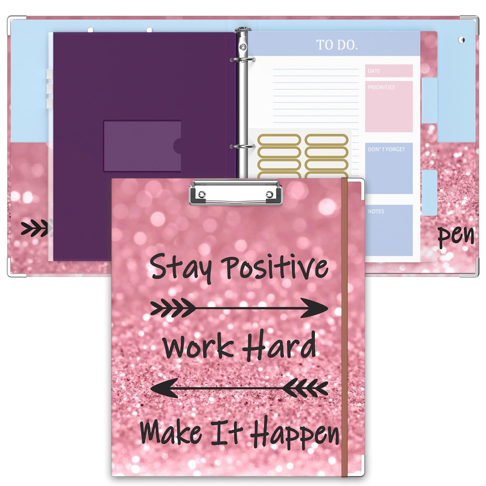 ZAXMEY 3 Ring Binder, 1 Inches Round Ring Binder with Clipboard, Dividers Tabs, PVC Zipper Bag Sleeves & to Do List Planners for Women, Men, School,