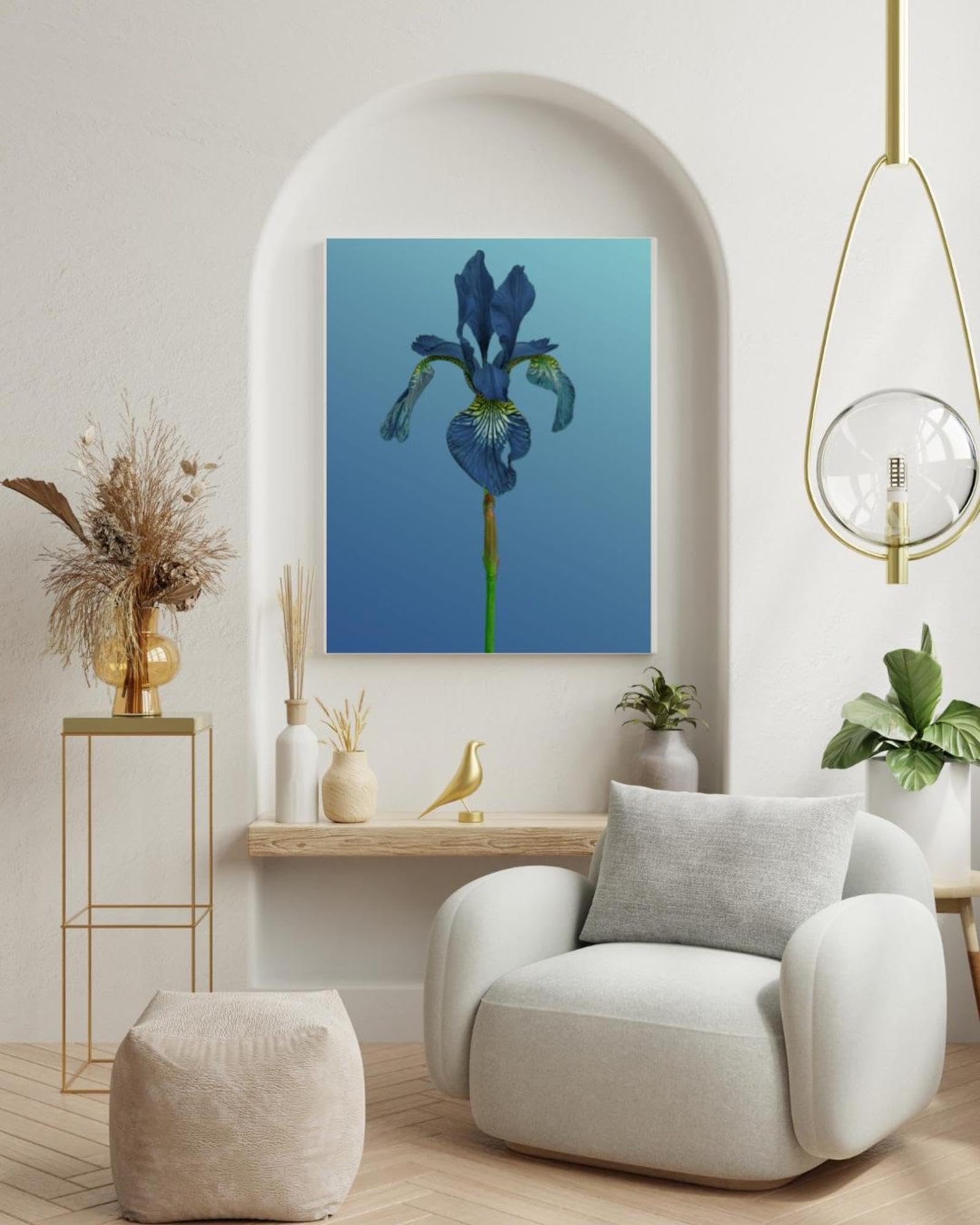 XINBAO Niebieska irys botaniczny do druku, minimalistyczna kwiatowa sztuka ścienna, nowoczesny portret kwiatowy na niebieskim obrazie, obrazy na płótnie 80 x 120 cm bez ramy