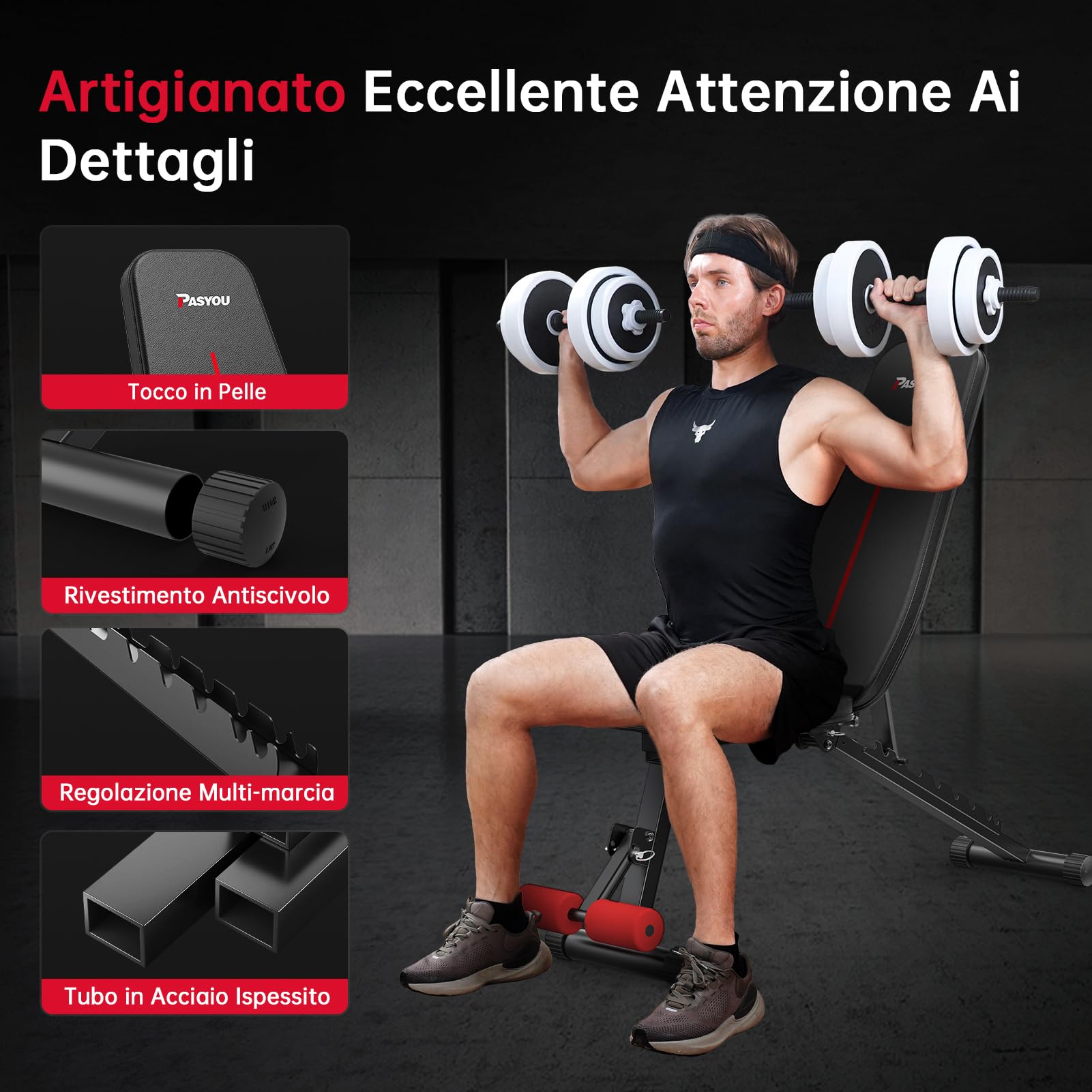 PASYOU Panca Palestra Pieghevole 10 Posizioni Regolabili 90 Gradi Verticale Multifunzionale Panca Piana per L'allenamento Completo del Corpo Panca per Addominali