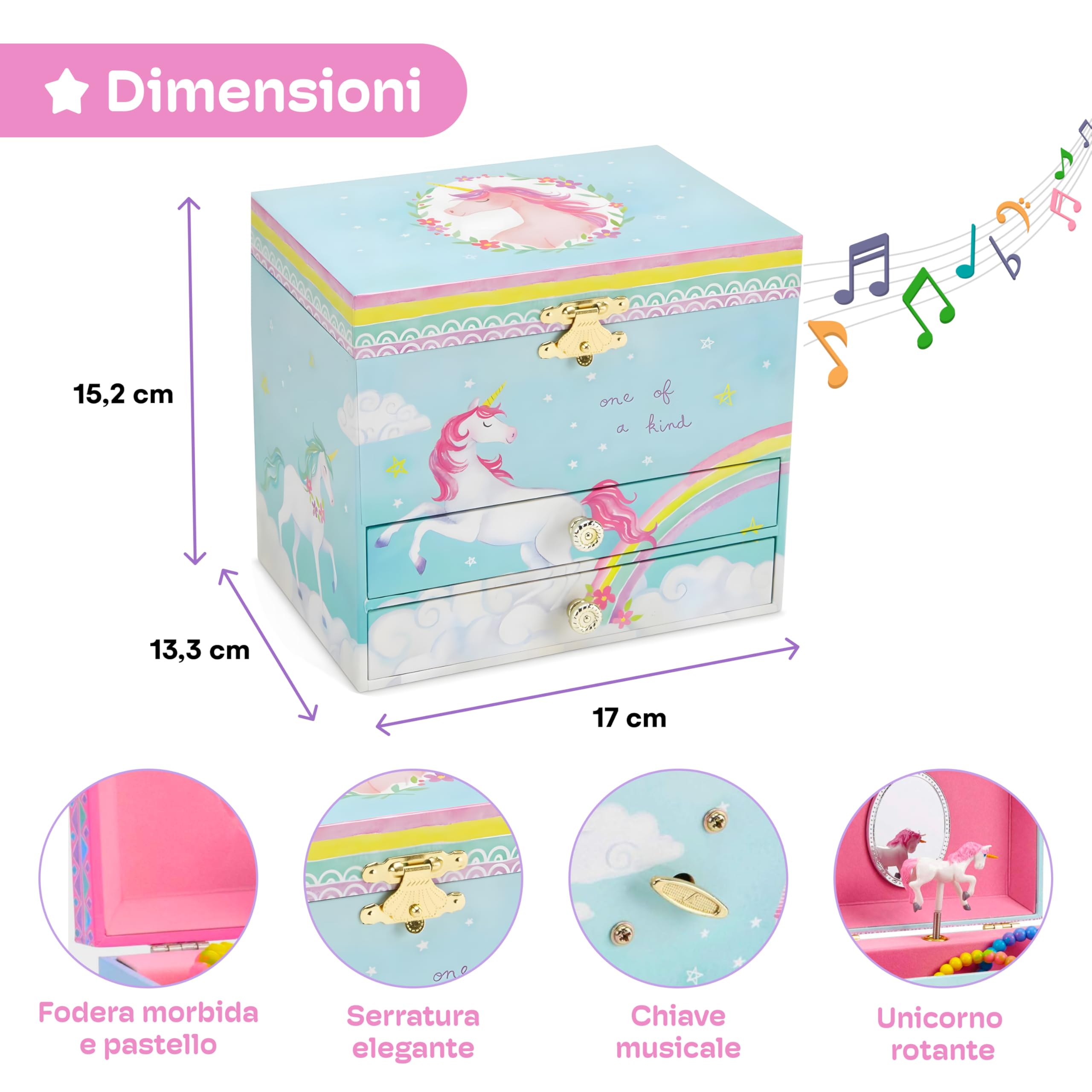Jewelkeeper - Scatola Portagioie Musicale con Unicorno e Arcobaleno con 2 Cassetti Estraibili - Melodia dell'Bel sognatore