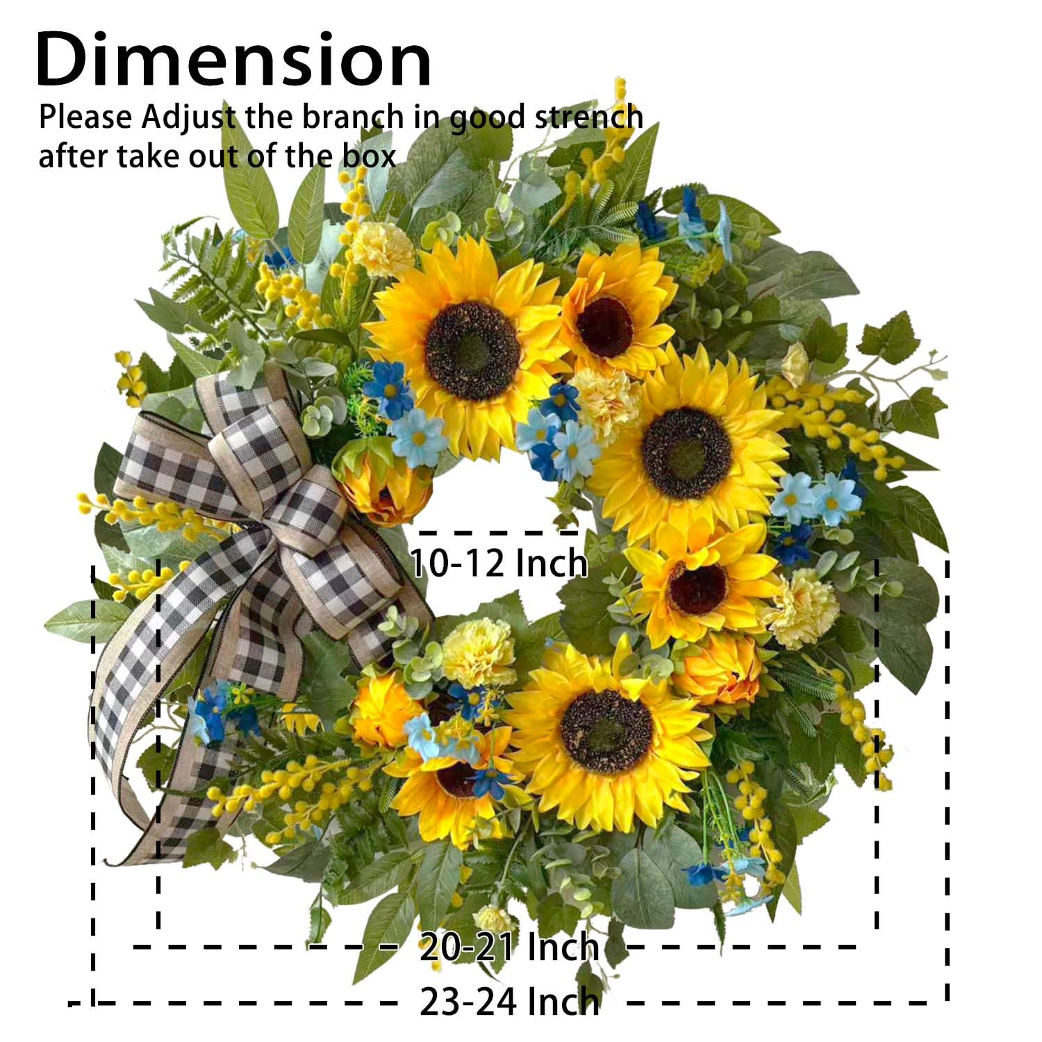 WANNA-CUL Couronne de tournesol artificiel de 45,7 cm pour porte d'entrée, décoration florale jaune avec marguerite, feuilles vertes et ruban en lin pour mur ou décoration de la maison