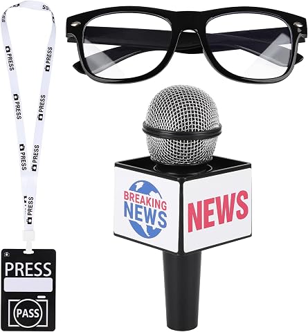 News Reporter Costume Accessories Set with Microphone, Glasses, and Press Pass