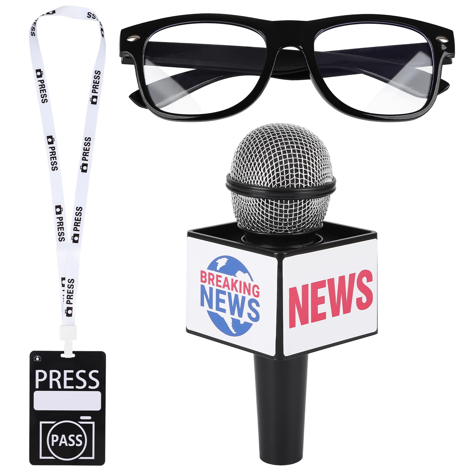 News Reporter Costume Accessories Set News Microphone Prop News Reporter Microphone Prop Press Pass Microphone Prop Costume Glasses