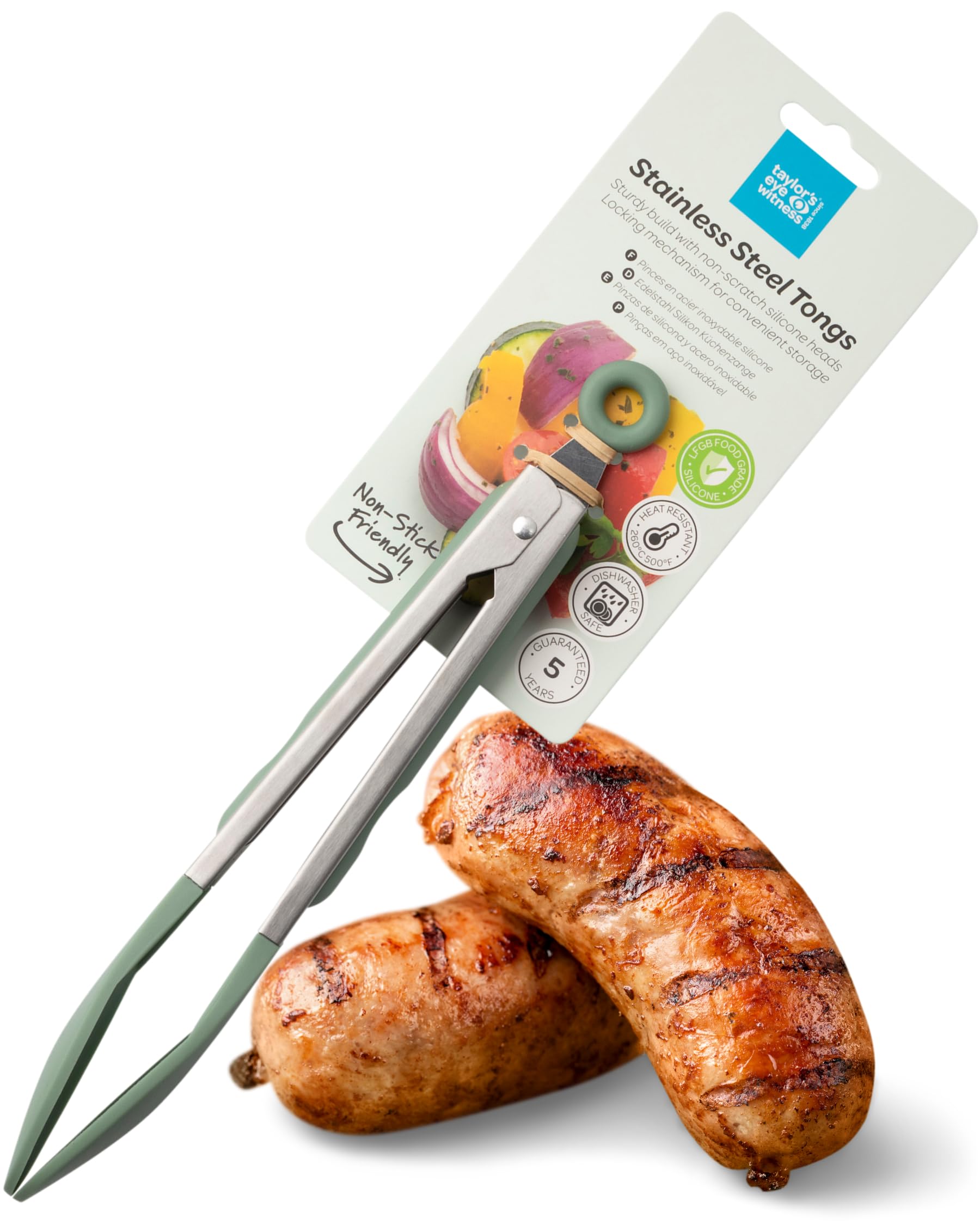 Taylors Eye Witness Large Steel Sage Silicone Tongs, Dishwasher Safe. Sturdy Build