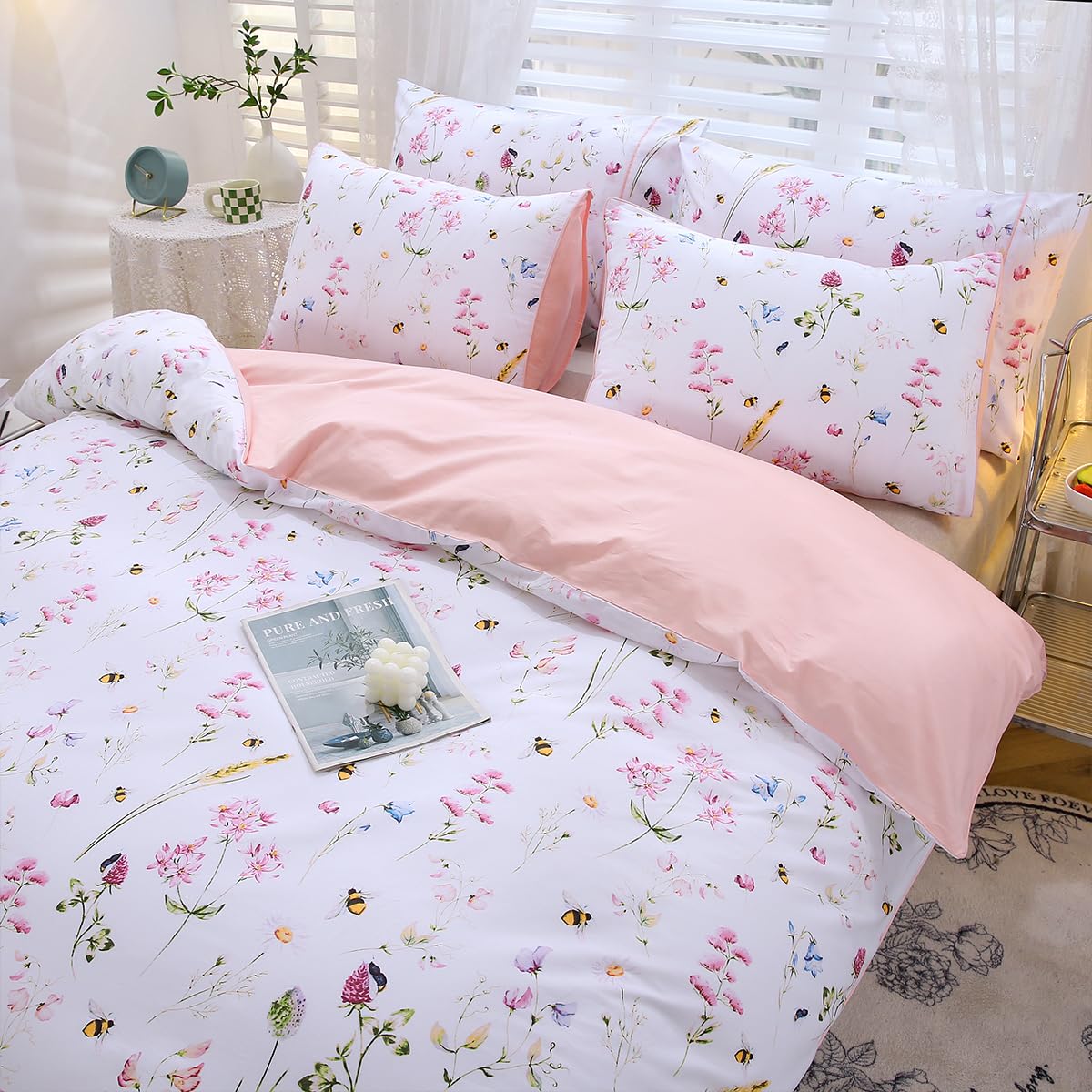 STYHO 3 Pcs Pink Floral Bedding Double Egyptian Cotton Flower Duvet Cover Set including Bees Printed Ultra Soft Reversible Farmhouse Botanical Bedding Sets for All Seasons(Bees - Image 4