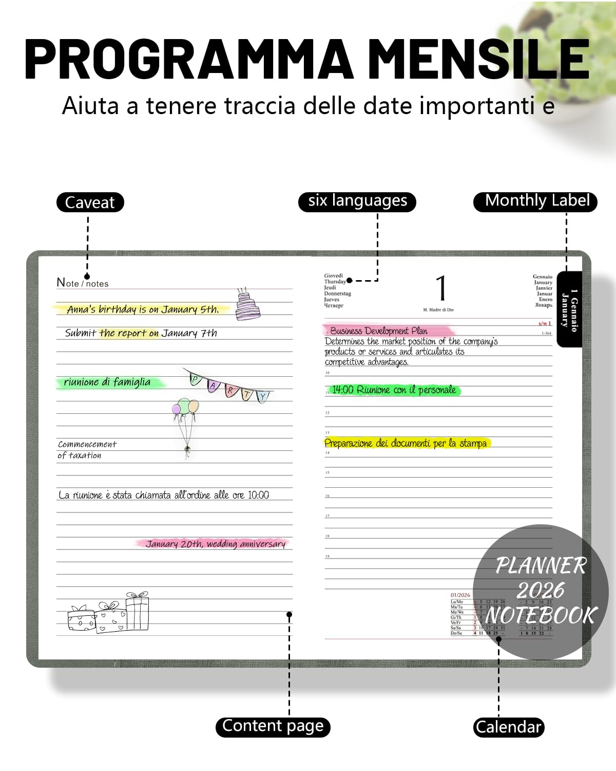 HW CASA Agenda Giornaliera 2026 A5（Gen.-Dic.2026）- con Festività Multilingue (DE/IT/ES/EN/FR), Chiusura con Elastico PU+CARTA, Riepilogo Mensile | Gennaio-Dicembre