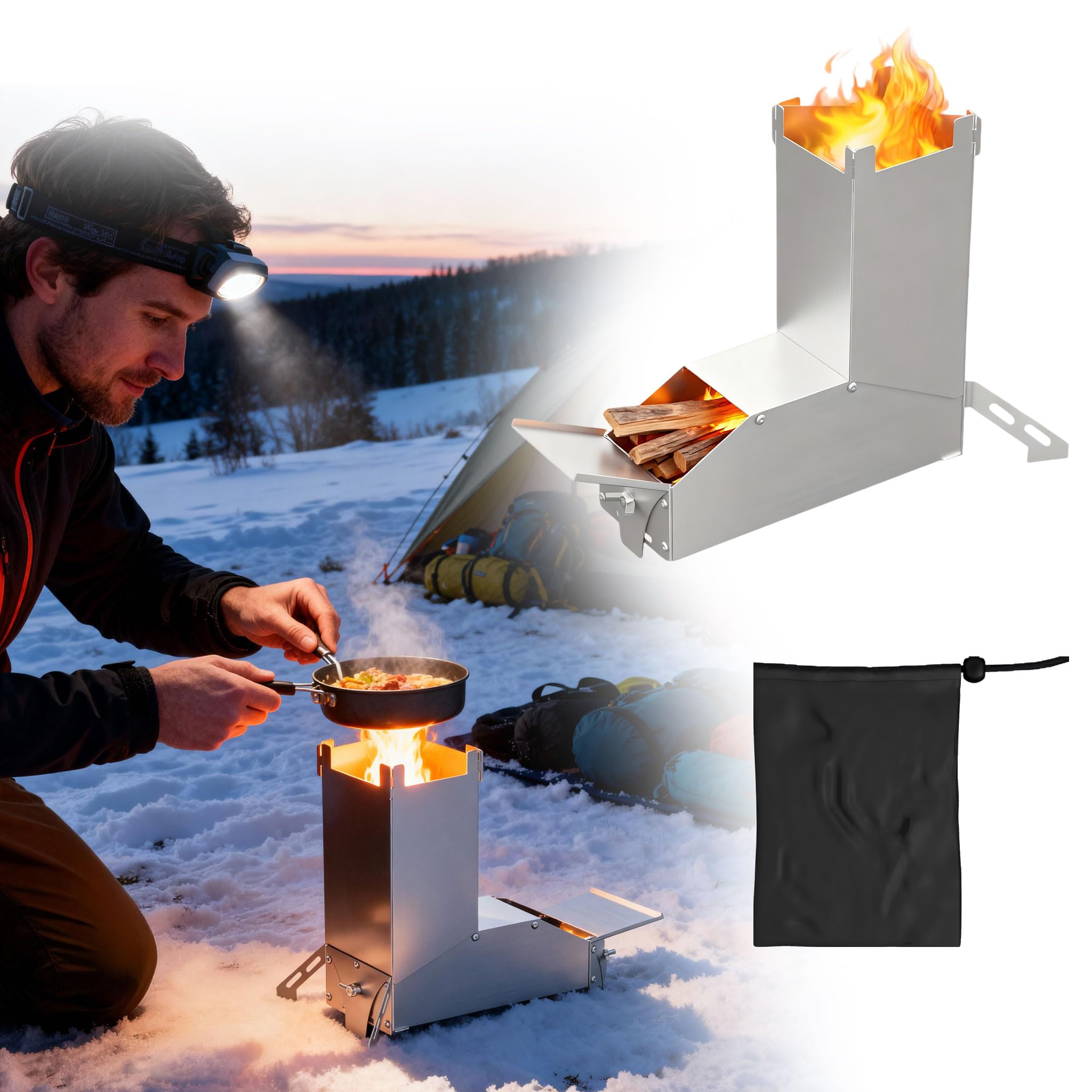 UISEBRT Poêle à fusée en acier épais, système d'emboîtement portable Rocket Stove, poêle à bois, réchaud de camping, poêle à granulés, pour l'extérieur, pour barbecue, terrasse, randonnée, cuisine