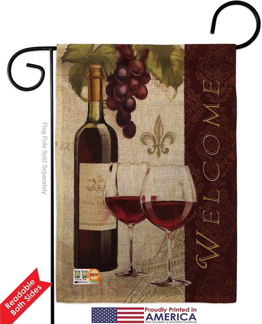 Welcome Wines Burlap Garden Flag Set Wall Holder Beverages Wine Drink Fruits Cheese Sangria White Red Rose Dessert Sparkling Small Decorative Gift Yard House Banner Double-Sided Made In USA 13 X 18.5