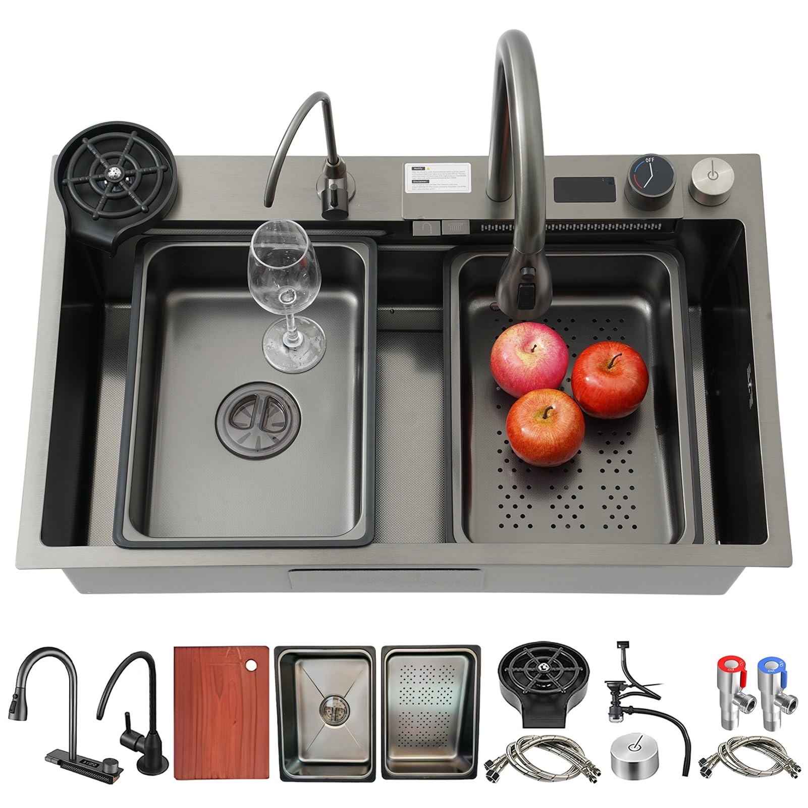 HYSOPSPX Stainless Steel Waterfall Kitchen Sink - Large Single Bowl, Multifunctional Topmount Bar with Integrated Faucet & Complete Accessories(Black-B,68x45cm)