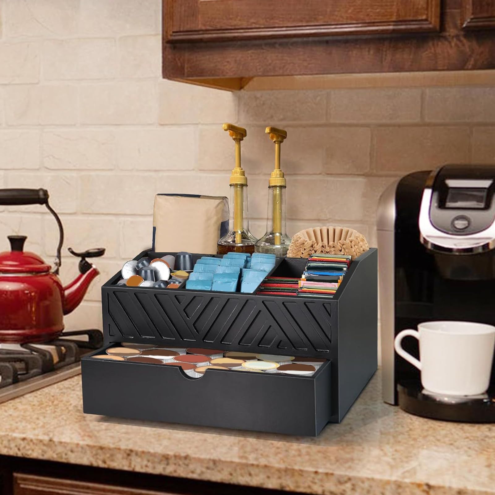Stazione da Caffè da Piano Lavorazione Cassetto Per Stazione Del Tè In | Organizzatore Capiente in Legno per Caffè Casa Ufficio