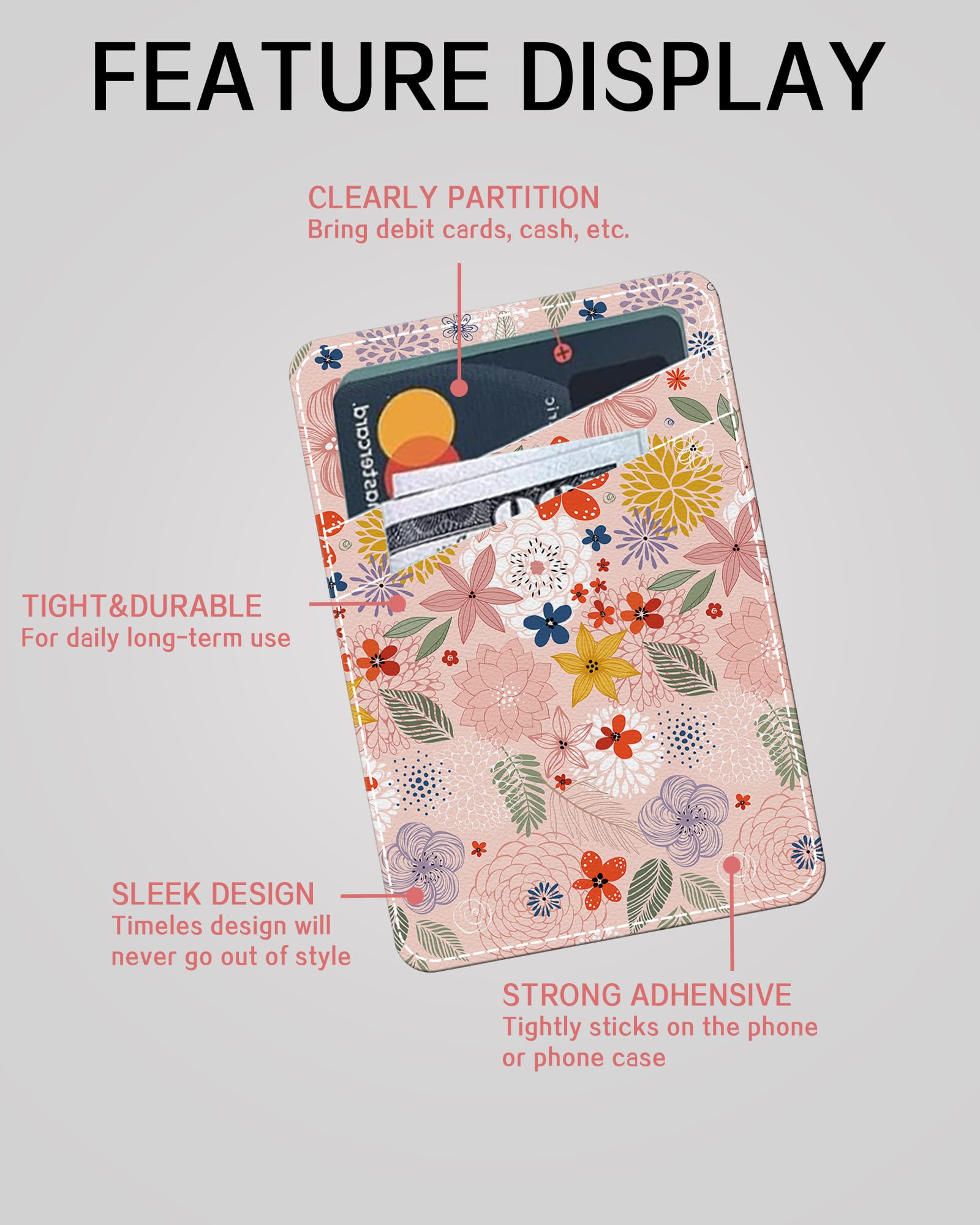 Tarjetero para teléfono, doble bolsillo, de cuero, adhesivo, bonito tarjetero, tarjetero para funda de teléfono, diseño floral