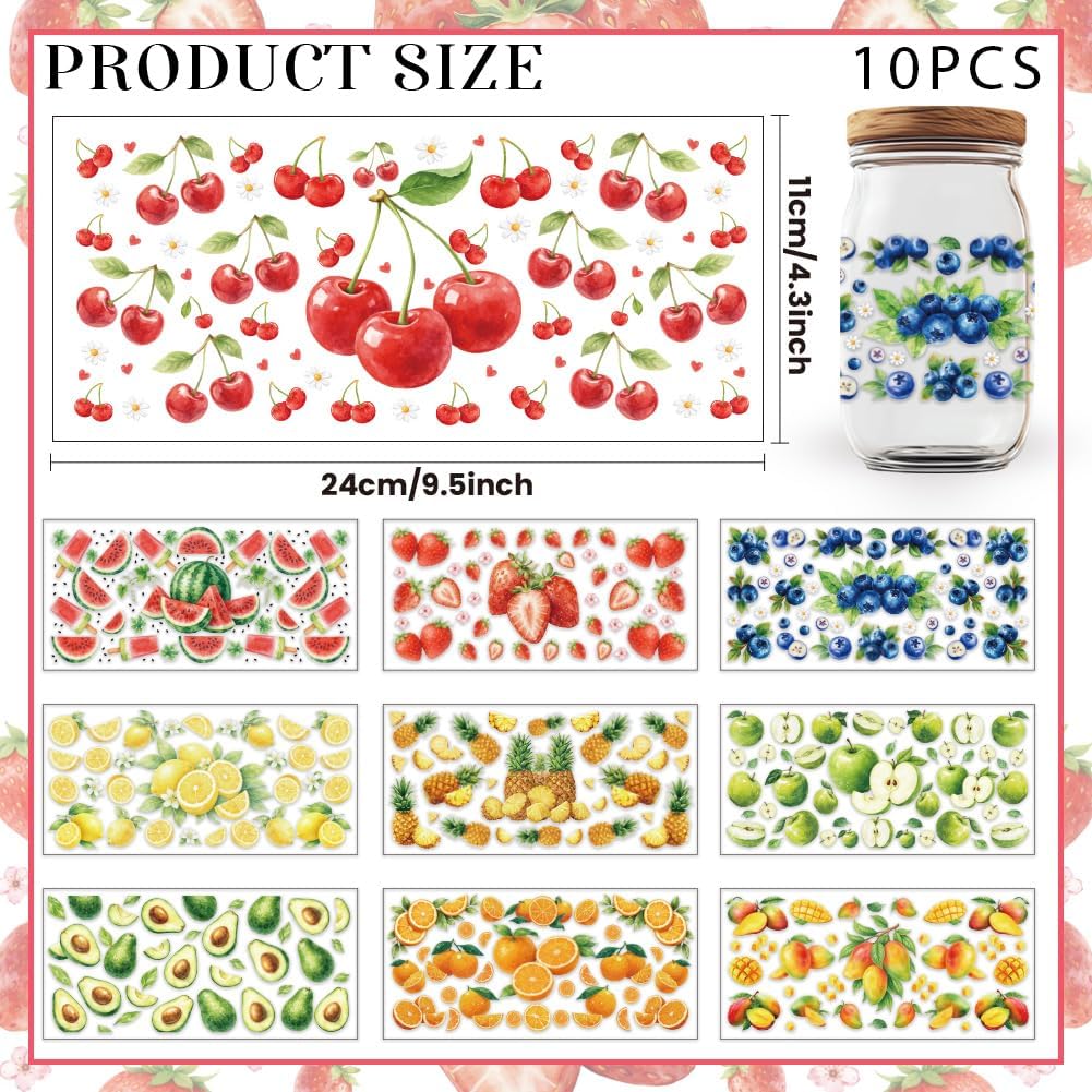 10 Sheets Fresh Fruit UV DTF Cup Wraps, Summer Fruits Cup Transfer Stickers Waterproof Colorful Fruit Rub on Transfer Reusable DIY Vinyl Decals for Glass Cups Furniture