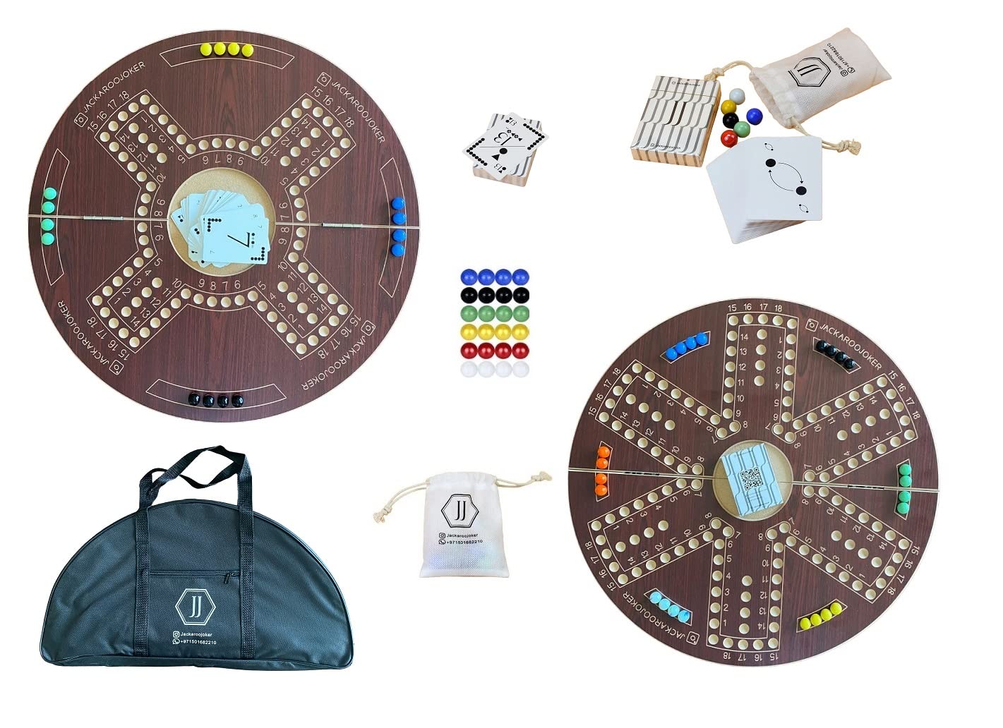 JackarooJoker double sides foldable wooden board game with Bag for 4 players and 6 players with 24 Marbles and 1 Plastic jackaro cards (White 4/6) (Brown), One Size