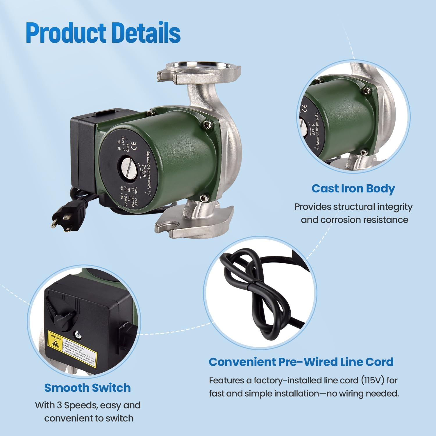 009-SF5 Water Circulation Pump, 1/8 HP 115V 3250 RPM 150 PSI, Compatible with Taco High Velocity Cartridge Circulator Pump, Replace 009SF5 Flanged Hydronic Heating Hot Water Circulator Pumps