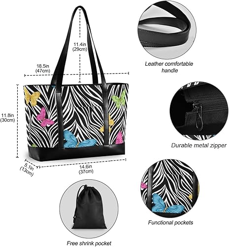 Miniatura 4 de Mariposas animales cebra portátil bolsa de mano para mujer, bolsa de lona para profesores, bolsa de trabajo de viaje, bolso de mano con cremallera