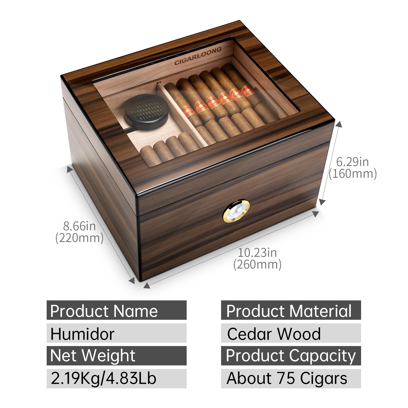 Cave à cigares en Bois de cèdre avec humidificateur et hygromètre, Structure à Double Couche pouvant contenir 65 à 75 pièces, cigares Non Inclus(Grand)