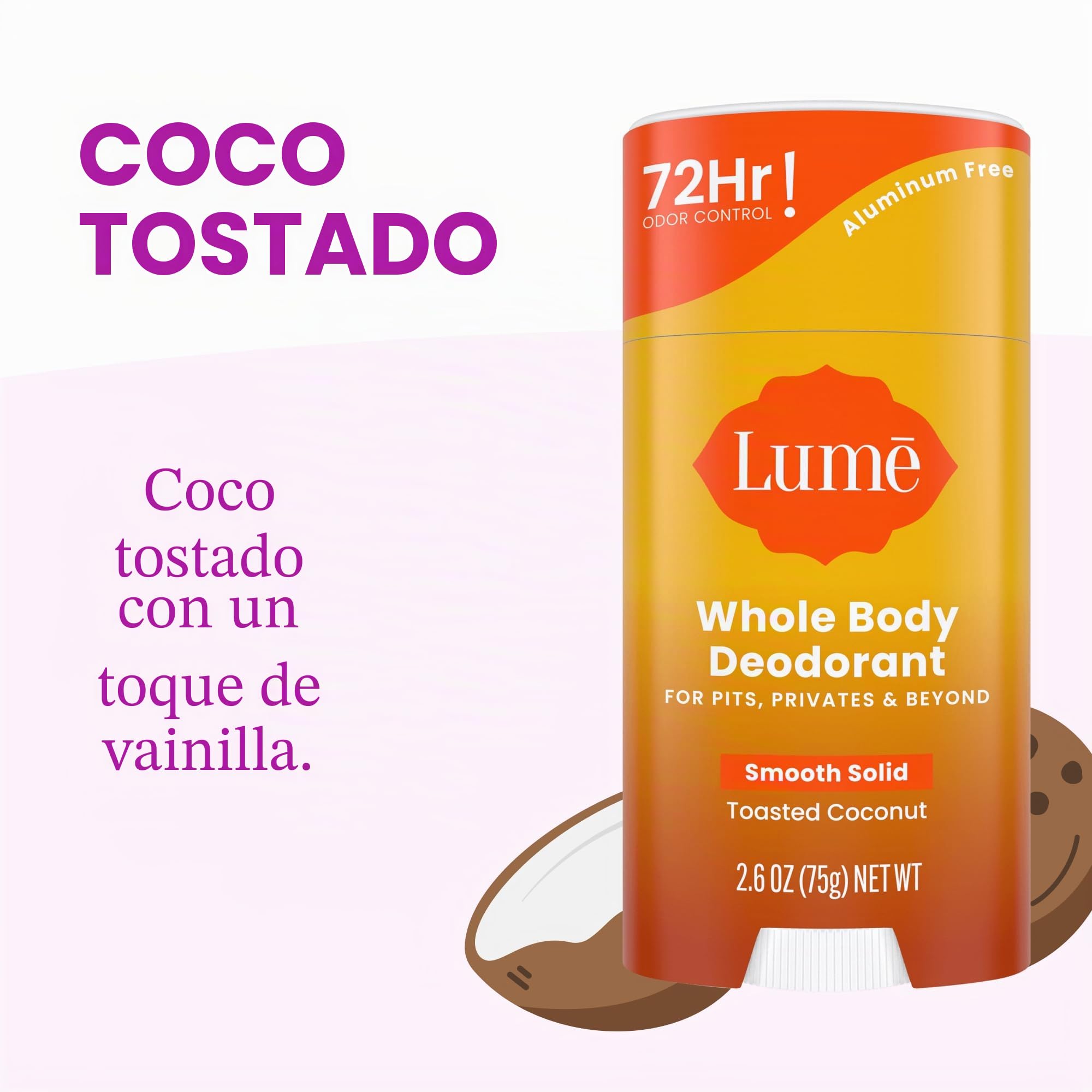 SharpCost Desodorante Lume Solid Stick – Desodorante corporal completo, sin aluminio, sin soda, hipoalergénico, seguro para pieles sensibles, barra sólida de 2,6 onzas (trituración de coco)
